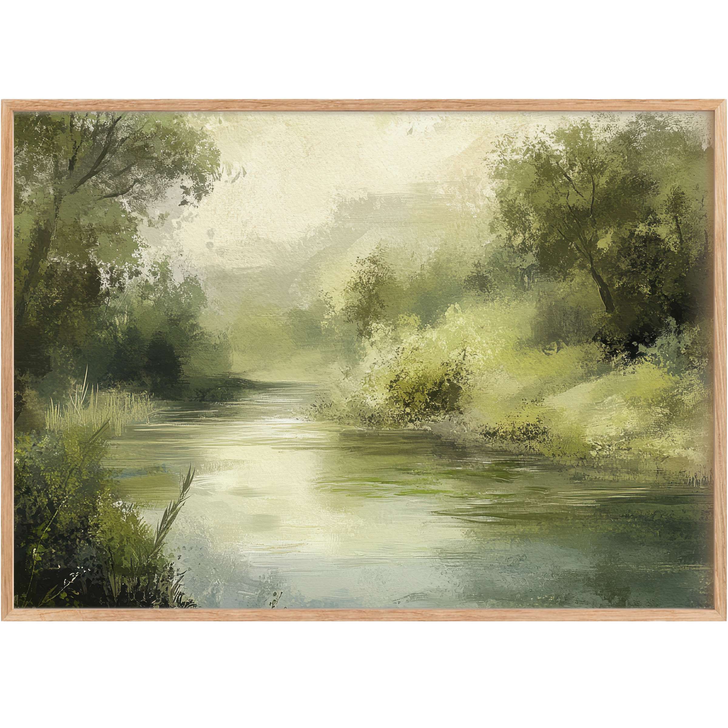 Serene spring printable wall art featuring lush green foliage and a tranquil river, evoking peaceful renewal and natural elegance