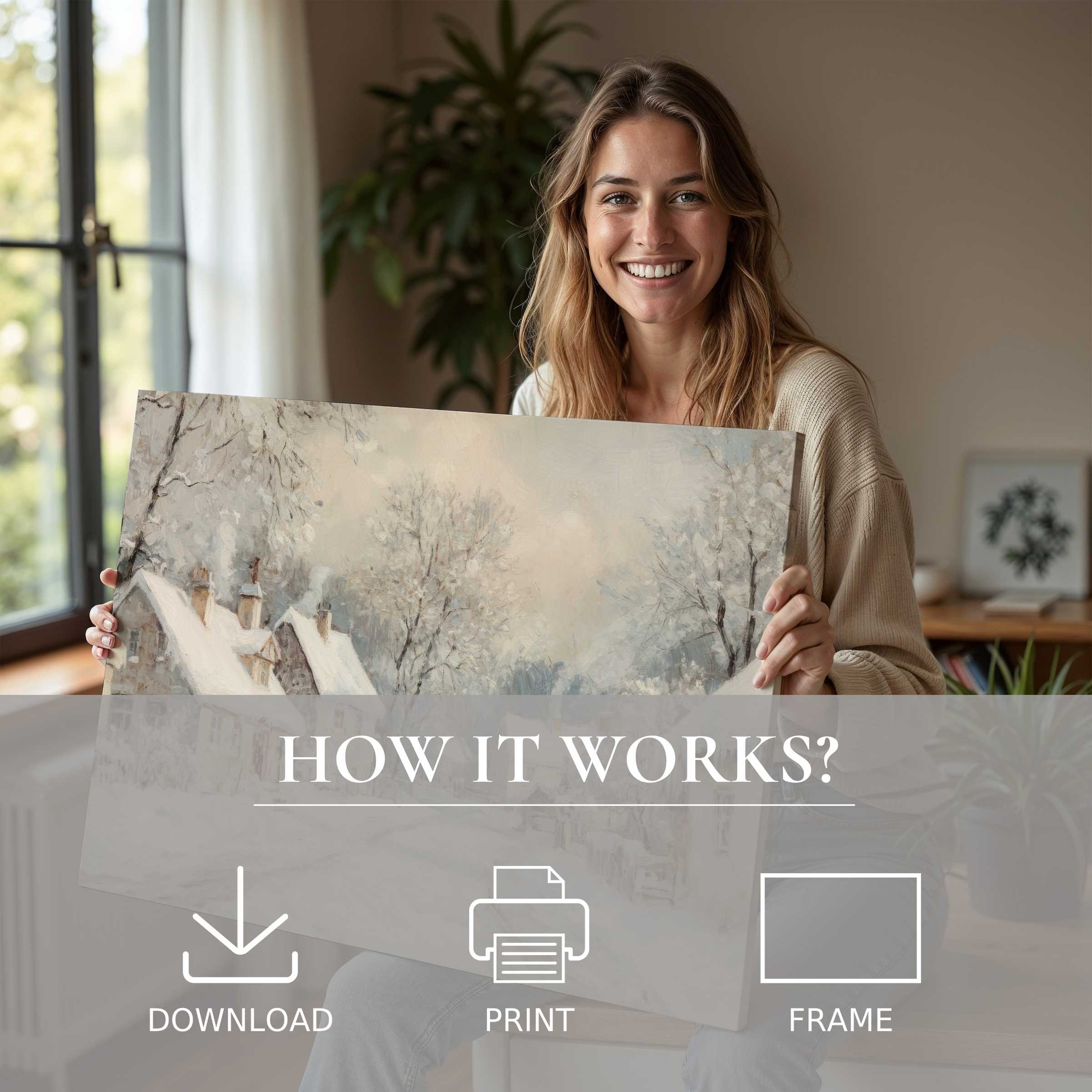 Joyful woman showcases a winter digital art print in a chic living space, embodying art’s serene warmth and effortless beauty