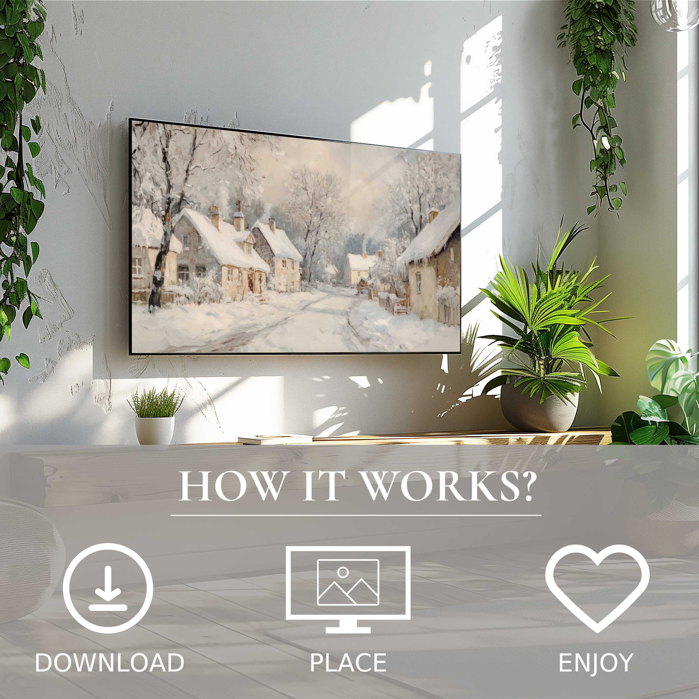 Winter art for Samsung TV shows a snowy village in soft tones, easy digital download enriches modern living spaces