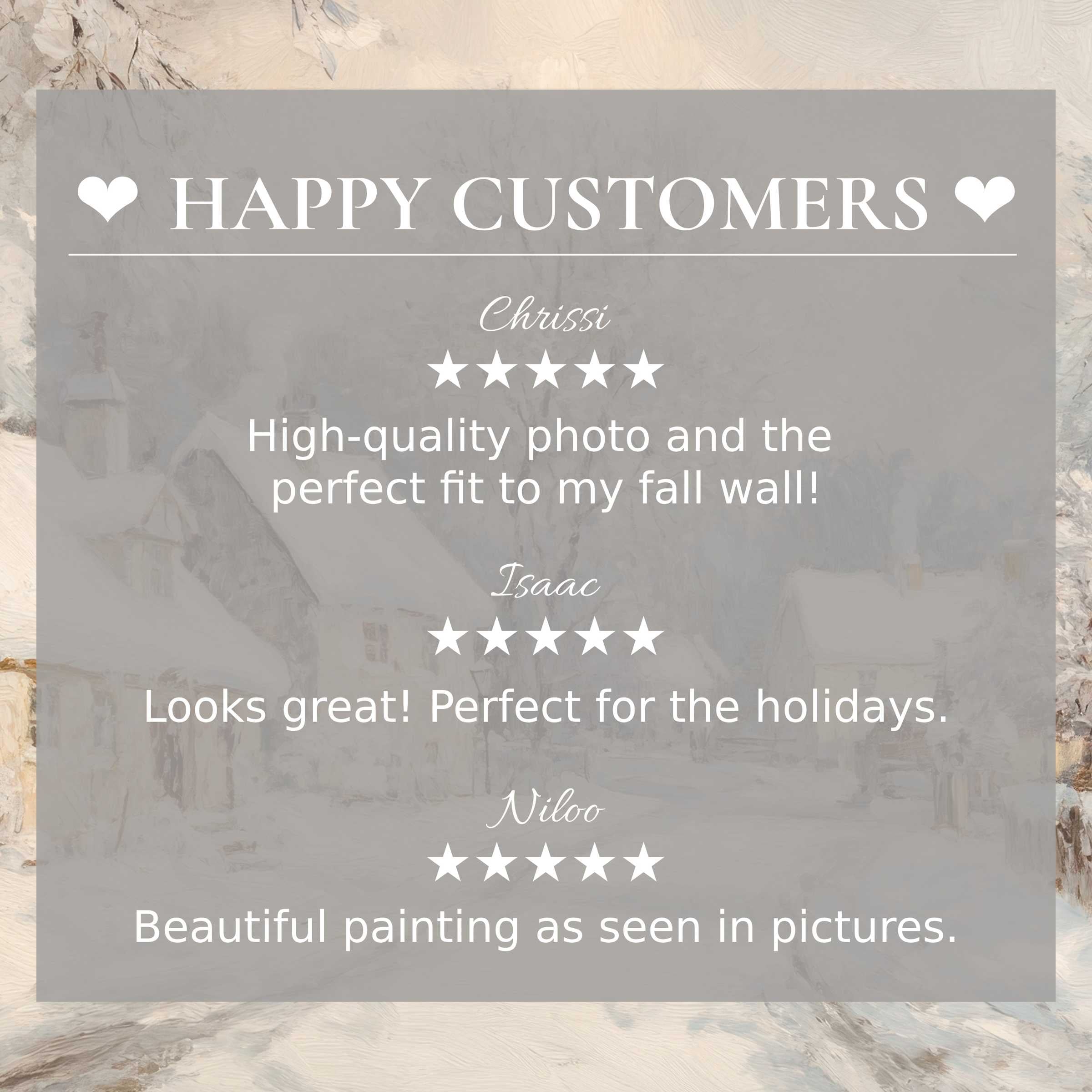 Winter art for Frame TV shows a muted snowy village background with happy customer reviews, building trust and elegance