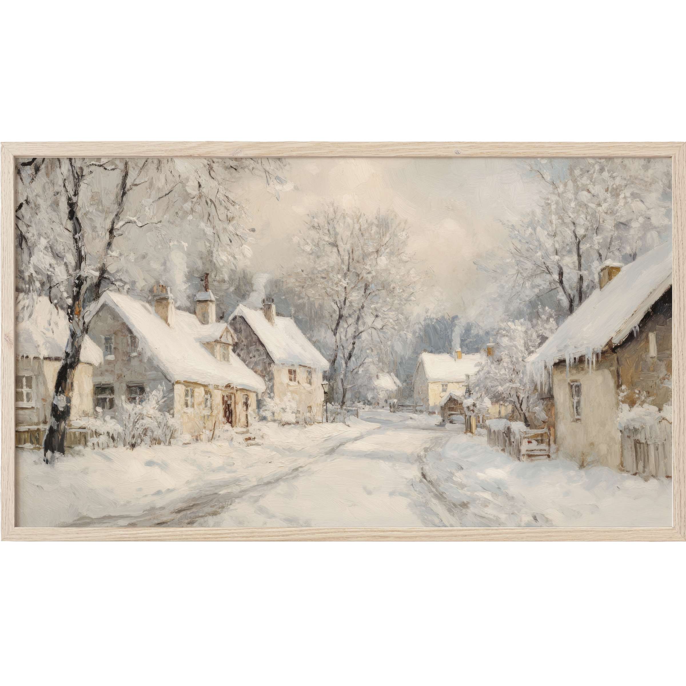 Winter Frame TV Art depicting a serene snow-covered village in soft, muted grays and warm creams