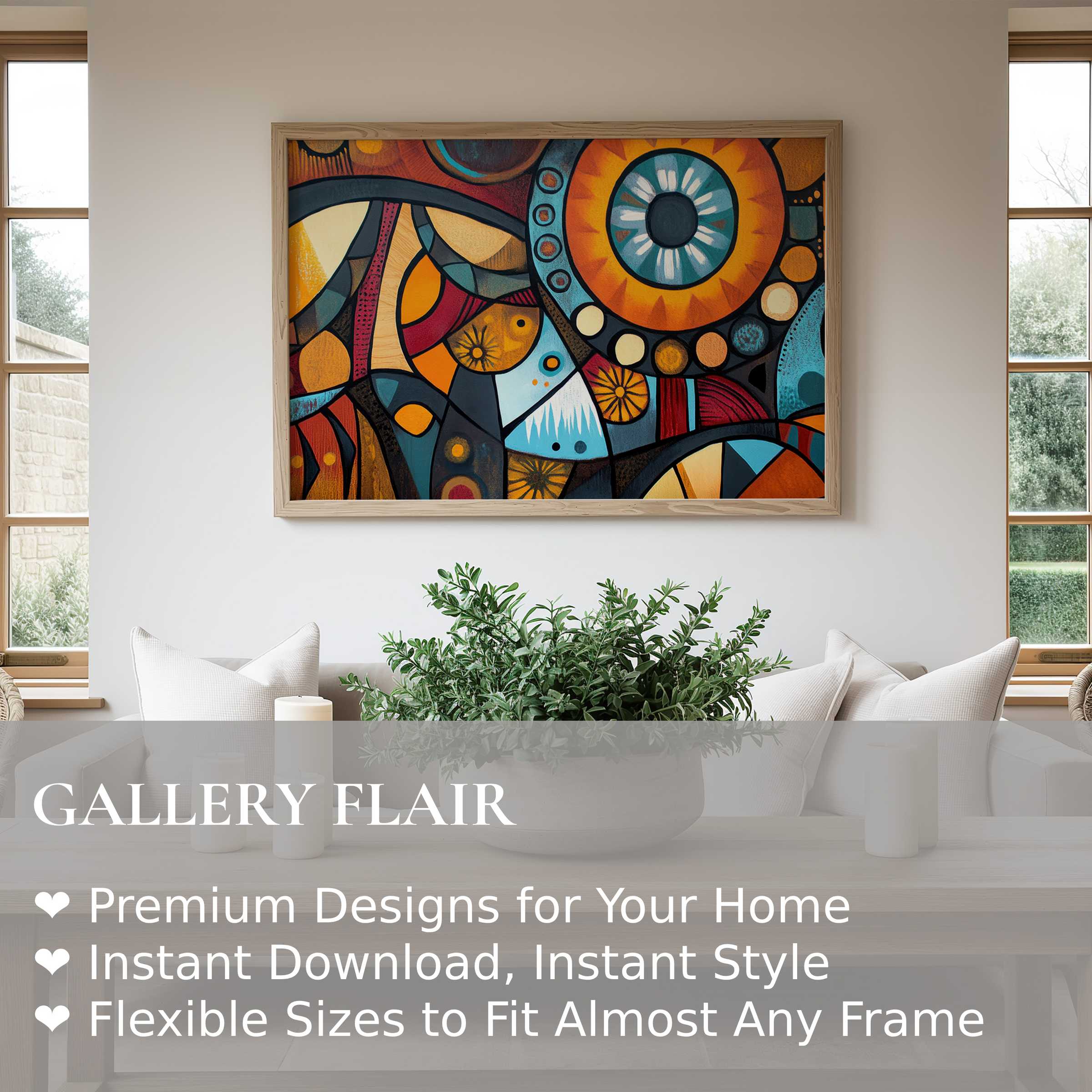 Boho wall art print featuring vibrant abstract shapes in warm tones, enhancing modern minimalist living spaces with bold, radiant energy