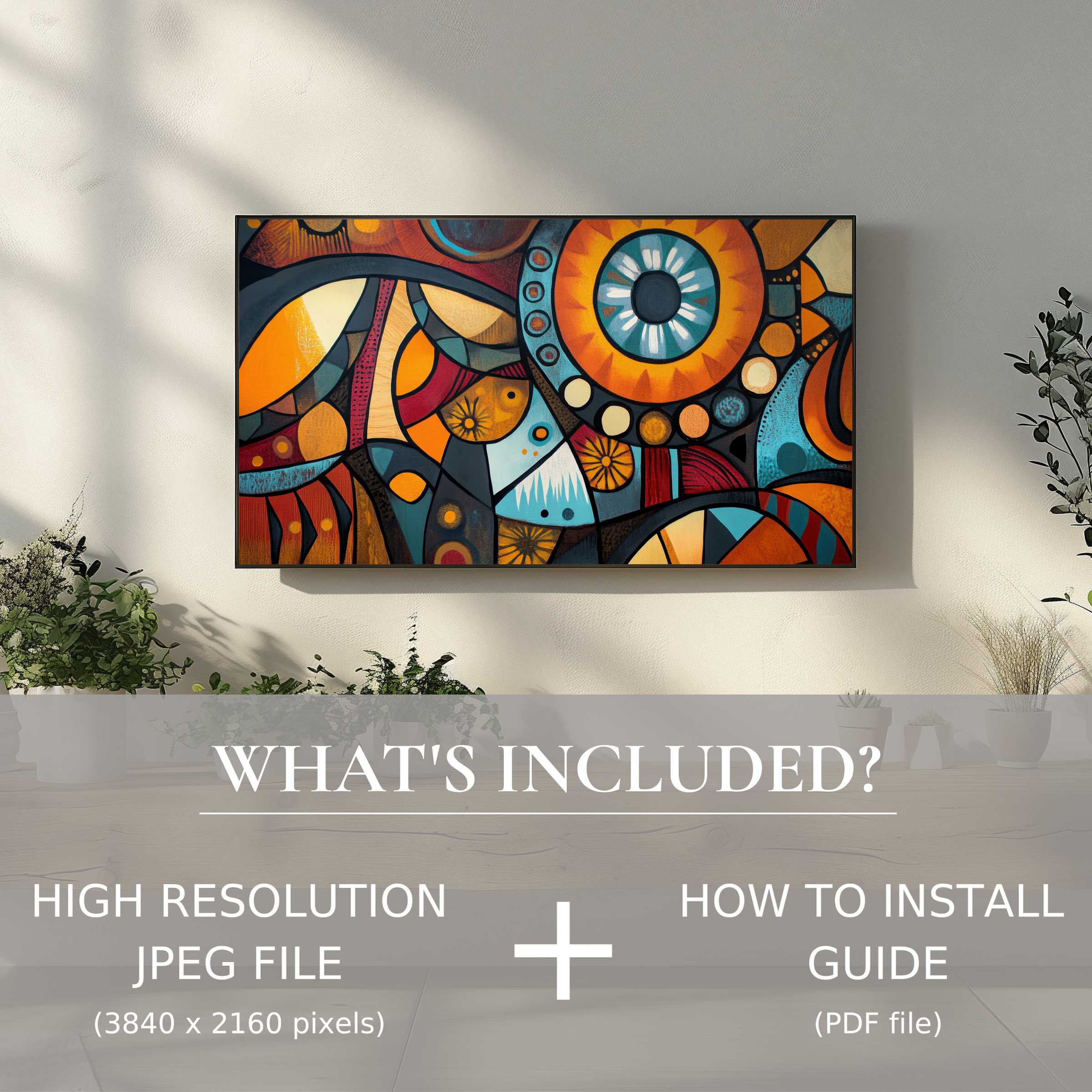Boho digital TV art download adding vibrant modern elegance, easy to use, perfect to elevate your stylish living space