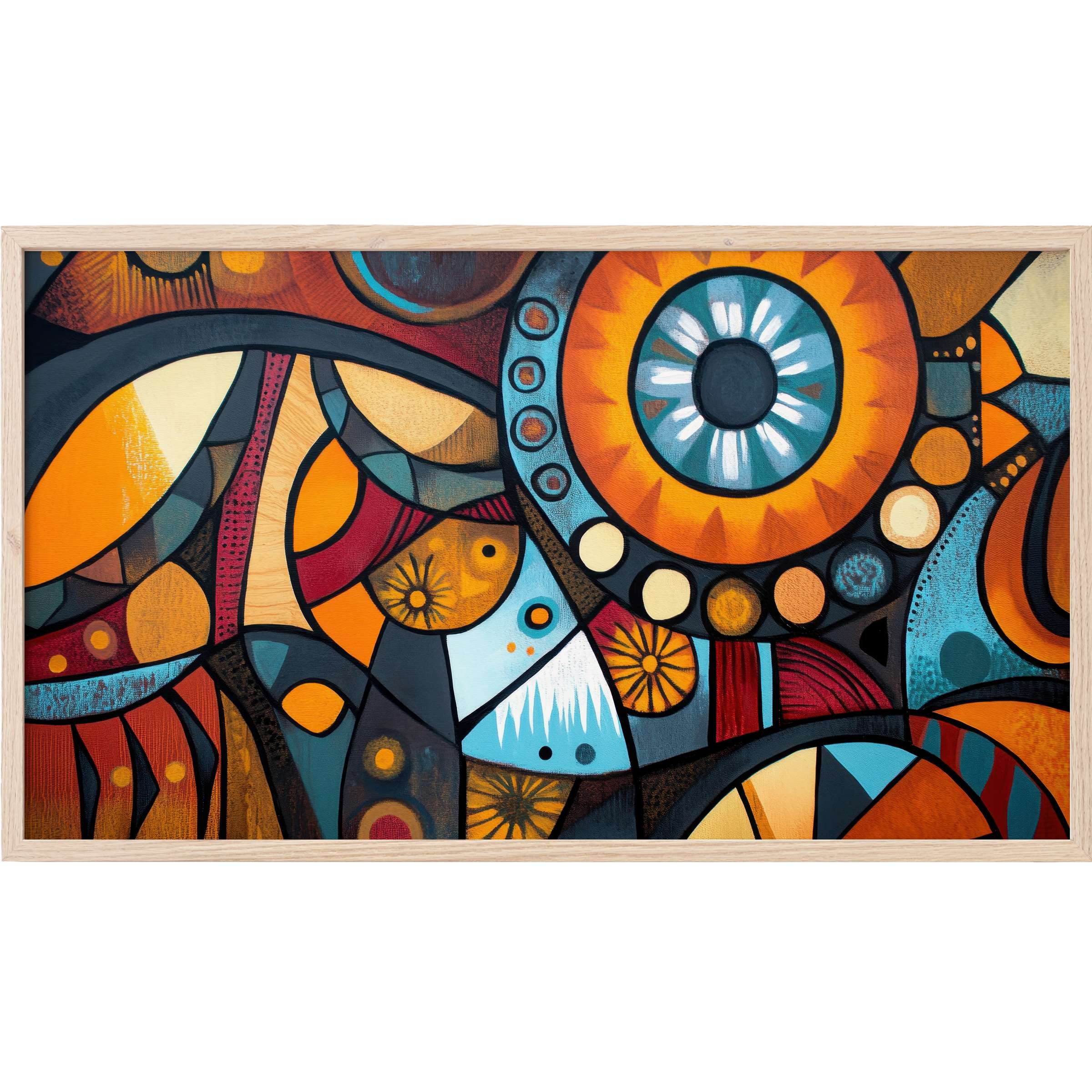 Vibrant boho Frame TV Art with abstract organic shapes in warm oranges, blues, and earthy tones, modern and dynamic