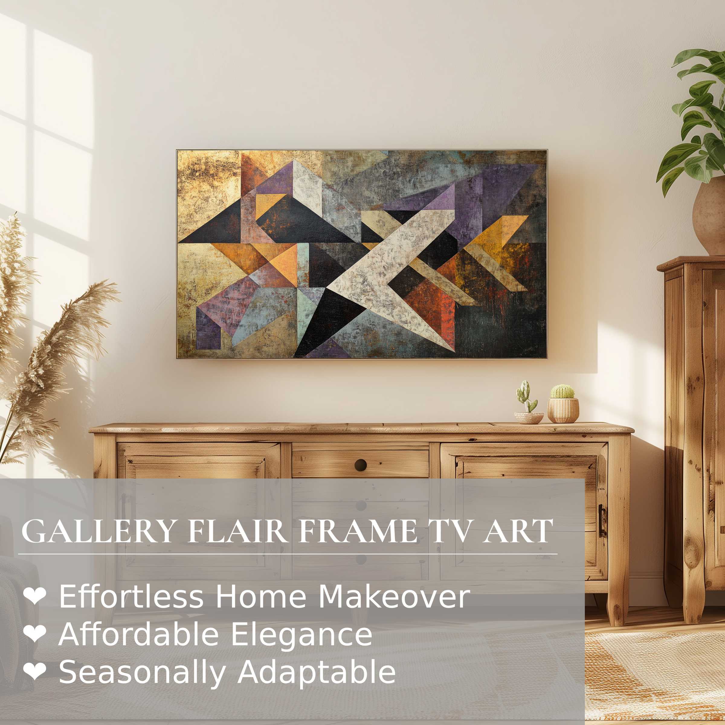 Samsung Frame TV displays abstract digital artwork in warm earthy tones, enhancing an elegant, modern home setting
