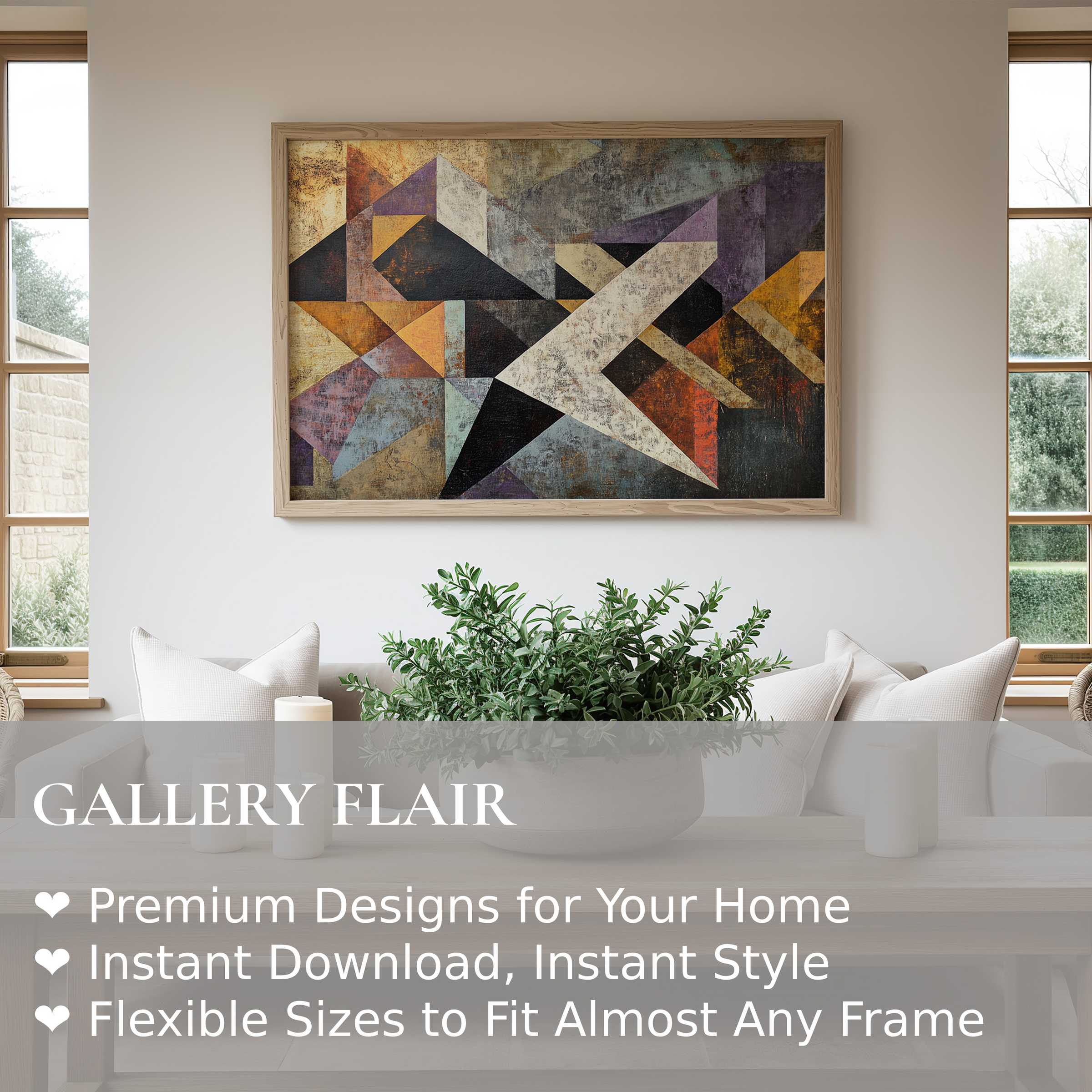 Abstract wall art print with bold geometric shapes in warm earth tones, elevating a modern minimalist living space with sophisticated, gallery-worthy allure