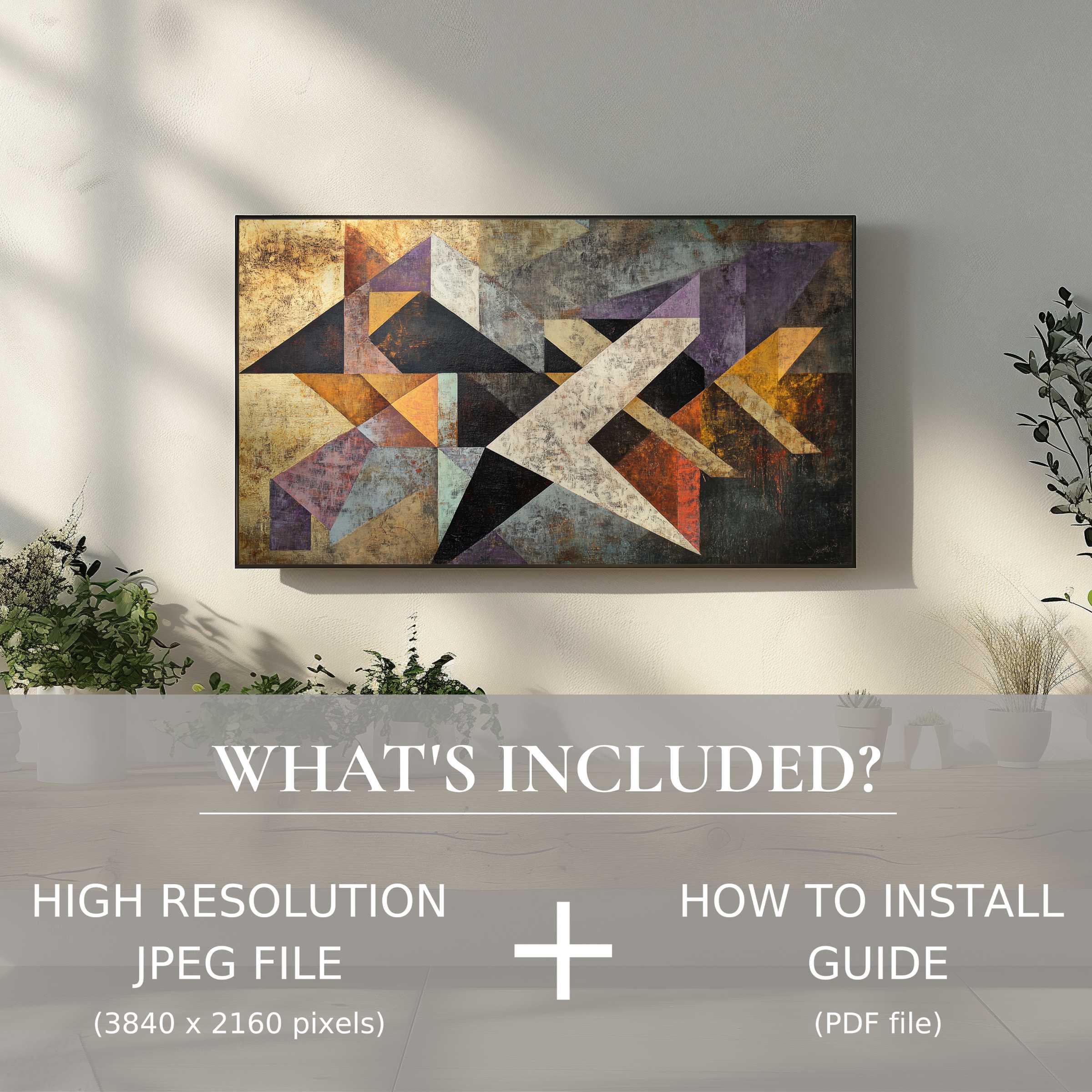 Elegant living room with abstract digital TV art download, enhancing ambiance with easy digital installation