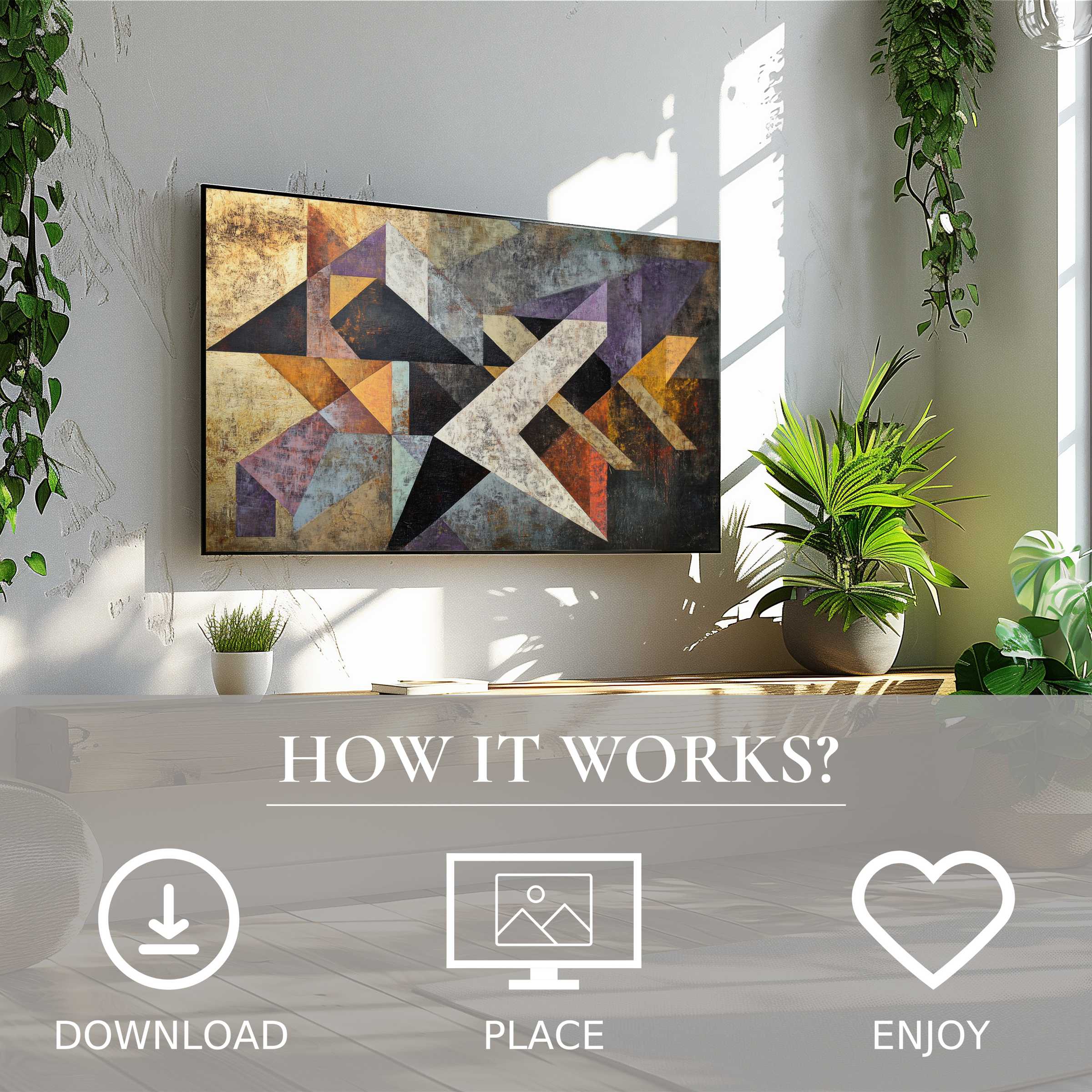 Modern living room with easy digital download abstract art for Samsung TV, featuring geometric color flow enriching space
