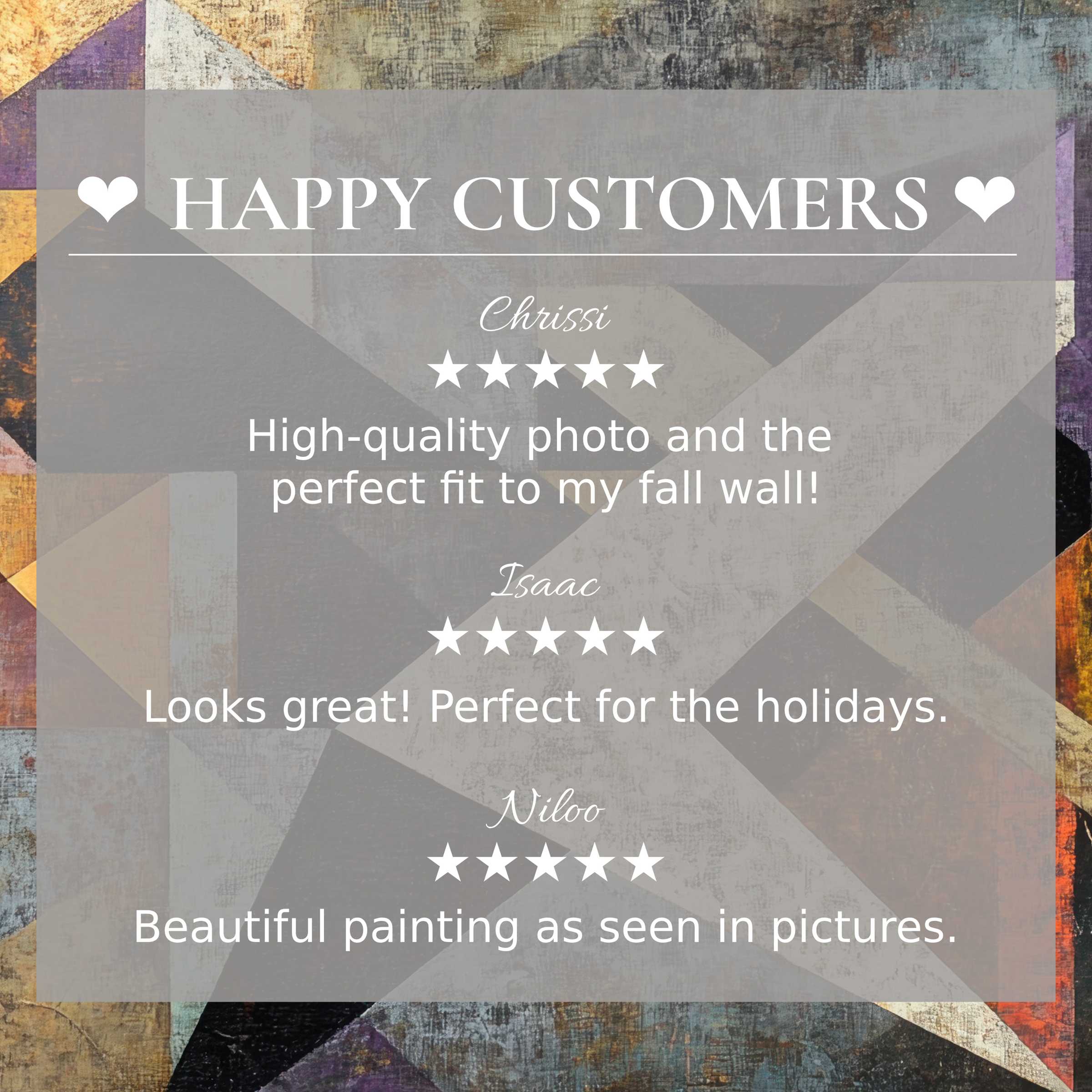 Abstract art for Frame TV with muted sunset hues, showcasing happy customer reviews and elegant design trust