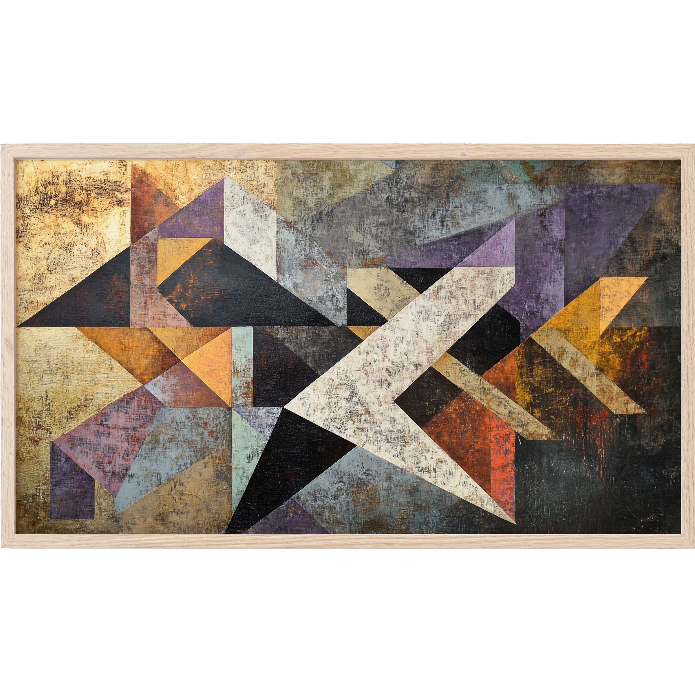 Abstract Frame TV Art with layered geometric shapes in muted golds, purples, blacks, and warm earthy tones, textured surface