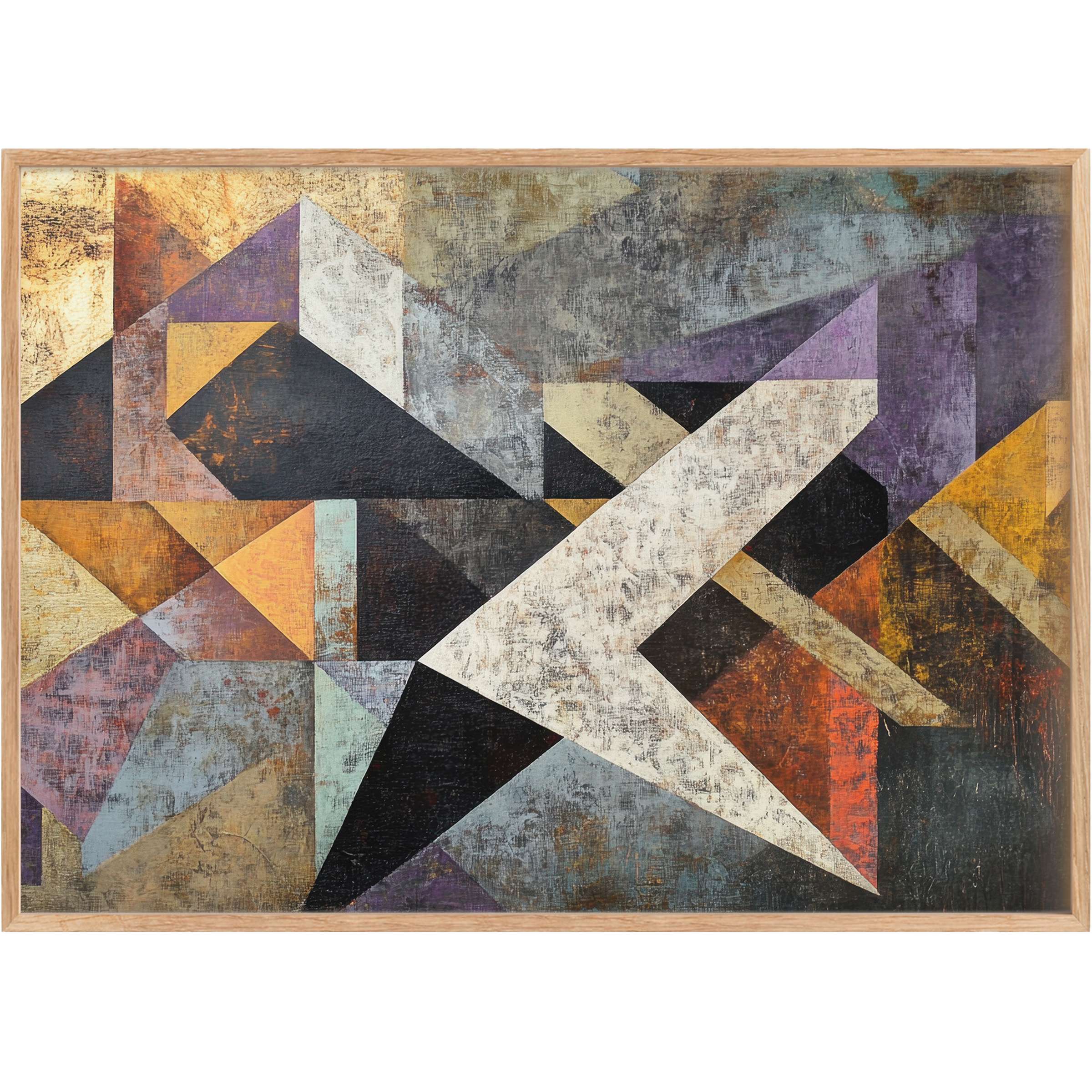 Abstract printable wall art featuring dynamic geometric shapes in muted gold, deep black, and soft purple, evoking a sophisticated, contemplative mood