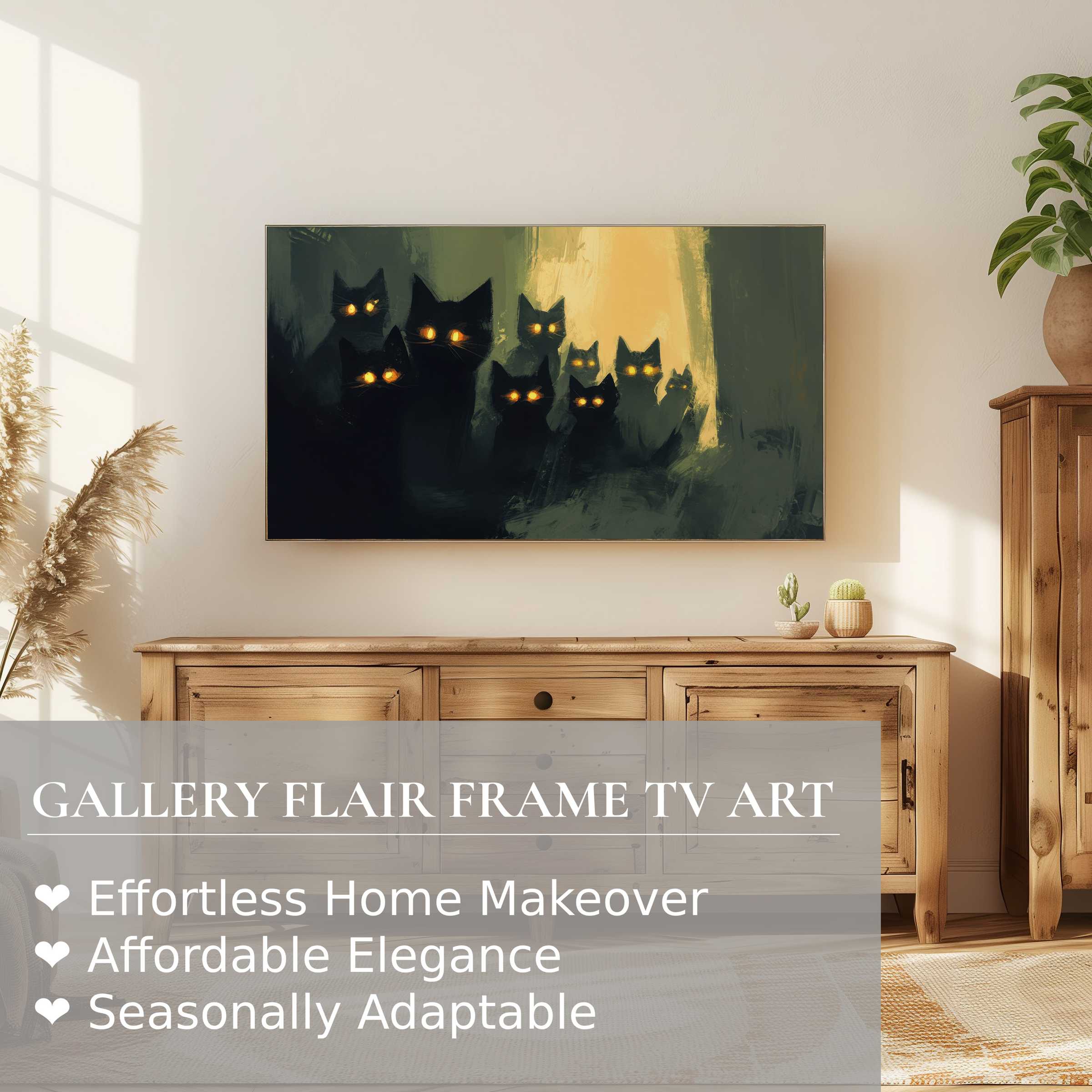 Modern Halloween digital artwork of glowing-eyed black cats on a Samsung Frame TV in a stylish living room