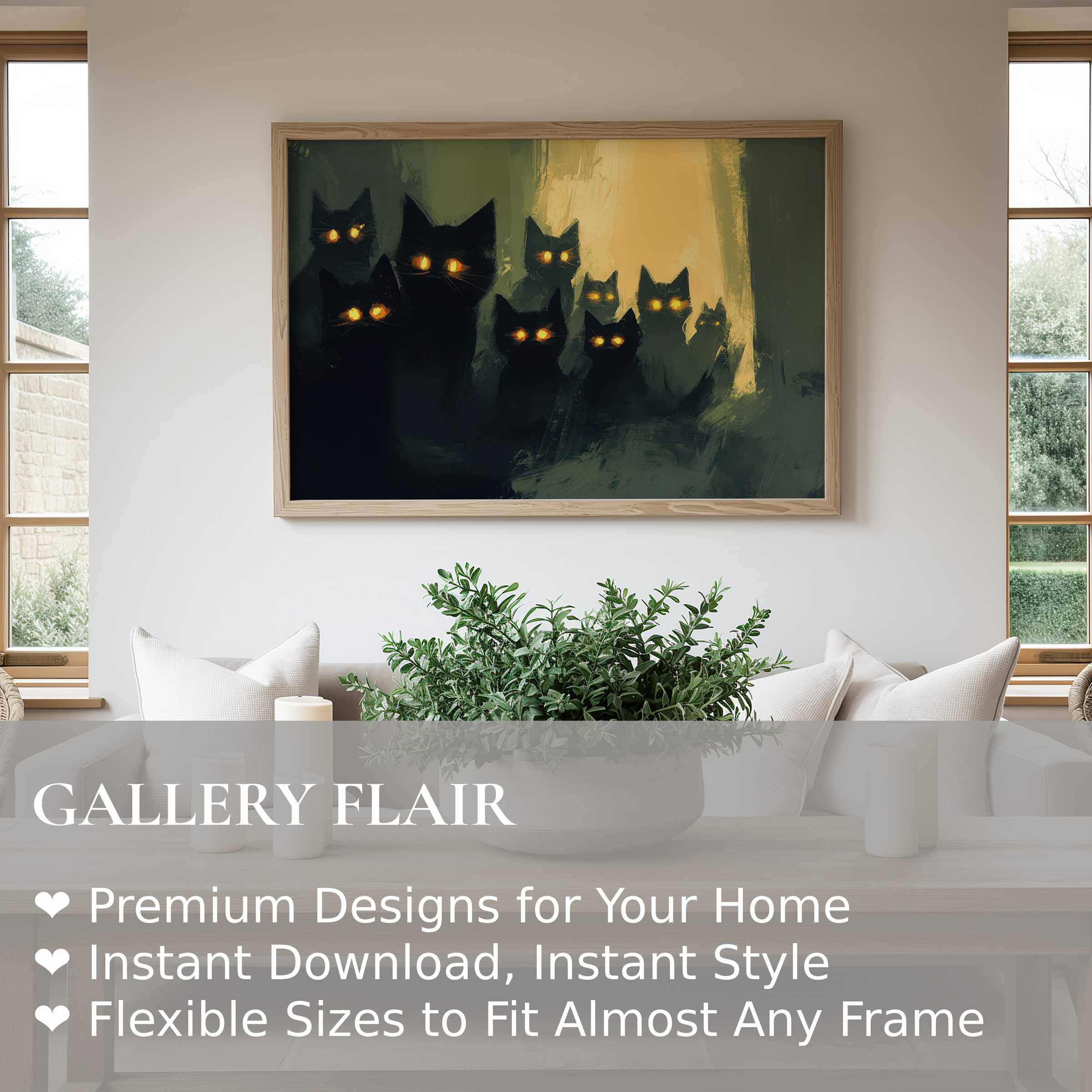 Halloween wall art print featuring glowing-eyed black cats in moody amber light, perfect for modern, cozy living spaces