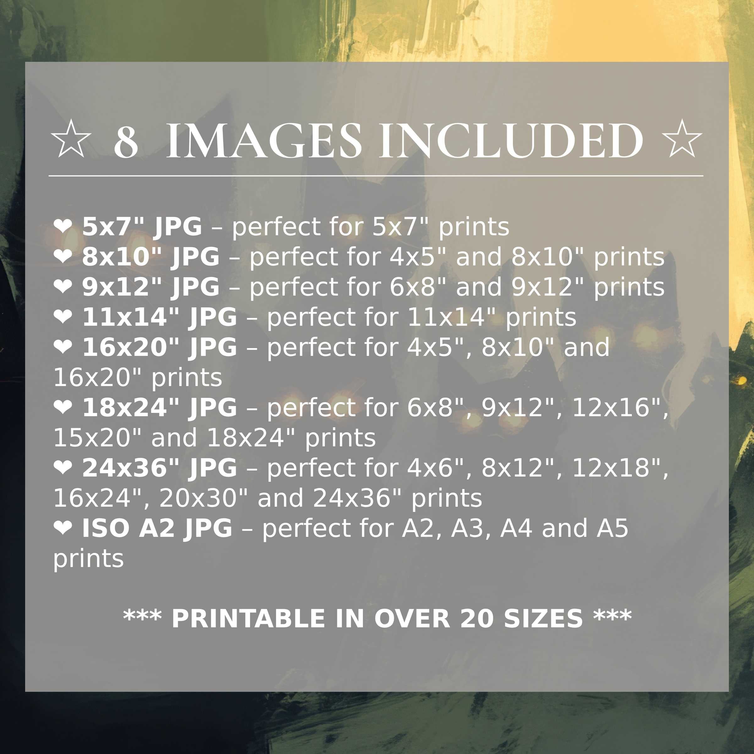 Halloween digital print radiates moody olive greens and golden ambers, offering eight high-quality sizes for versatile luxury décor