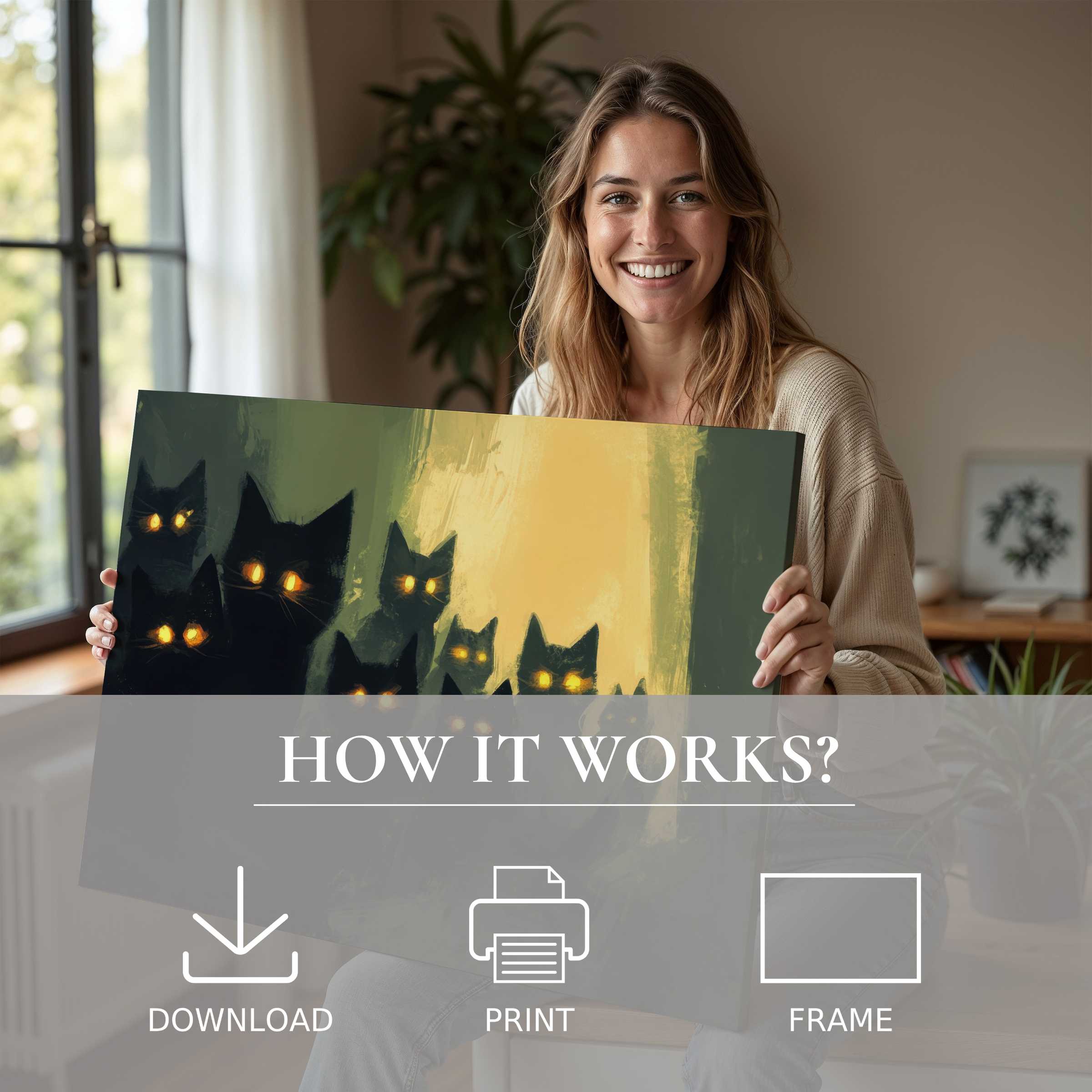 A joyful moment in a sunlit modern home as a woman embraces a Halloween digital art print, inviting warmth and whimsy into living spaces