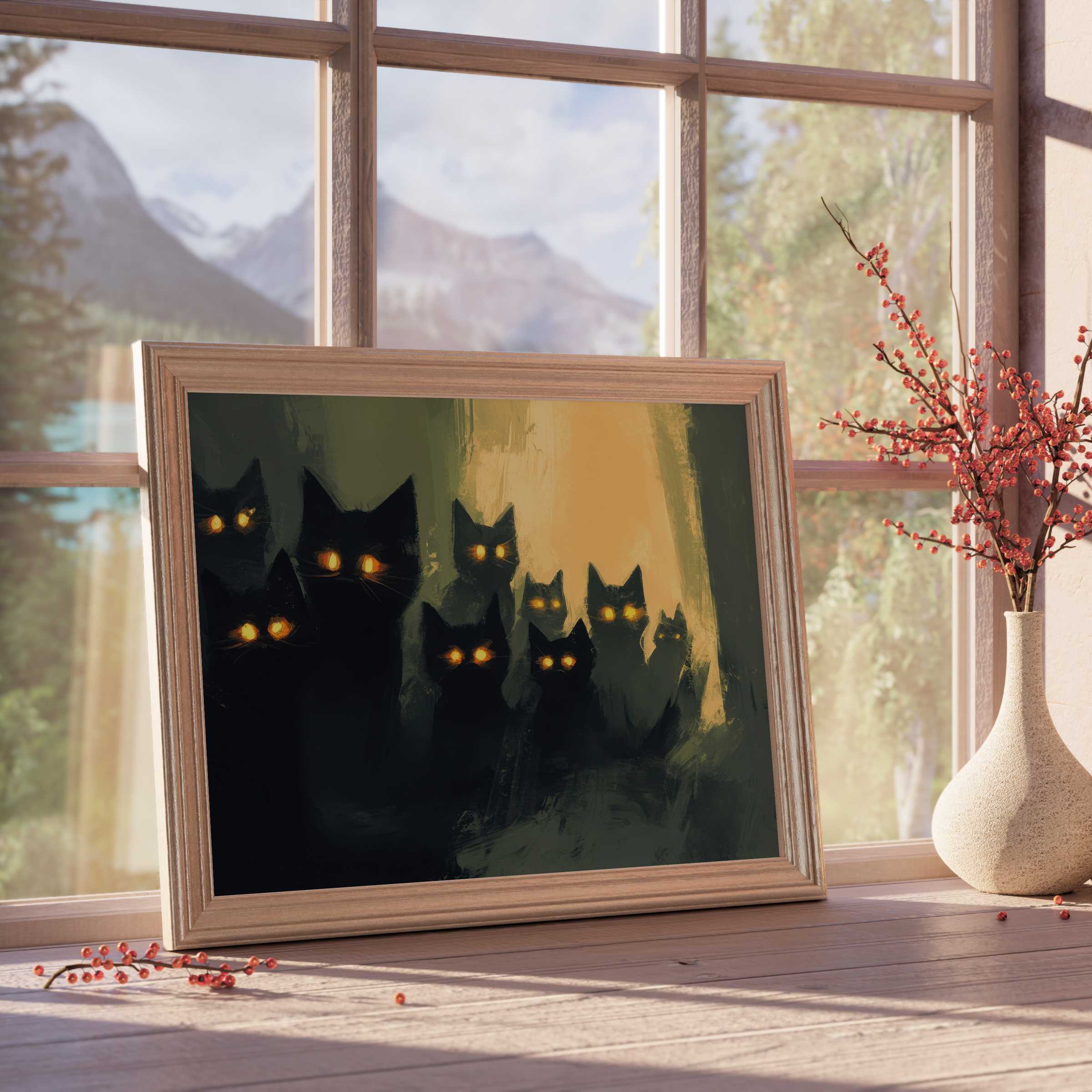Halloween downloadable art featuring glowing-eyed black cats, evoking mysterious warmth in curated, tranquil design-forward interiors