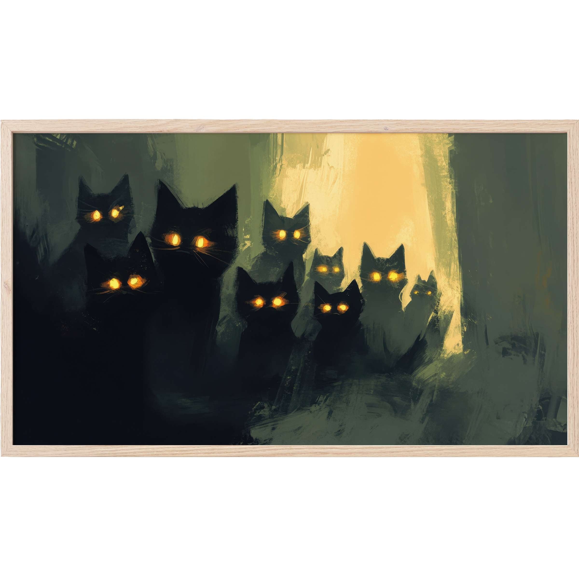 Moody silhouettes of black cats with glowing amber eyes in deep greens and golds, halloween Frame TV Art