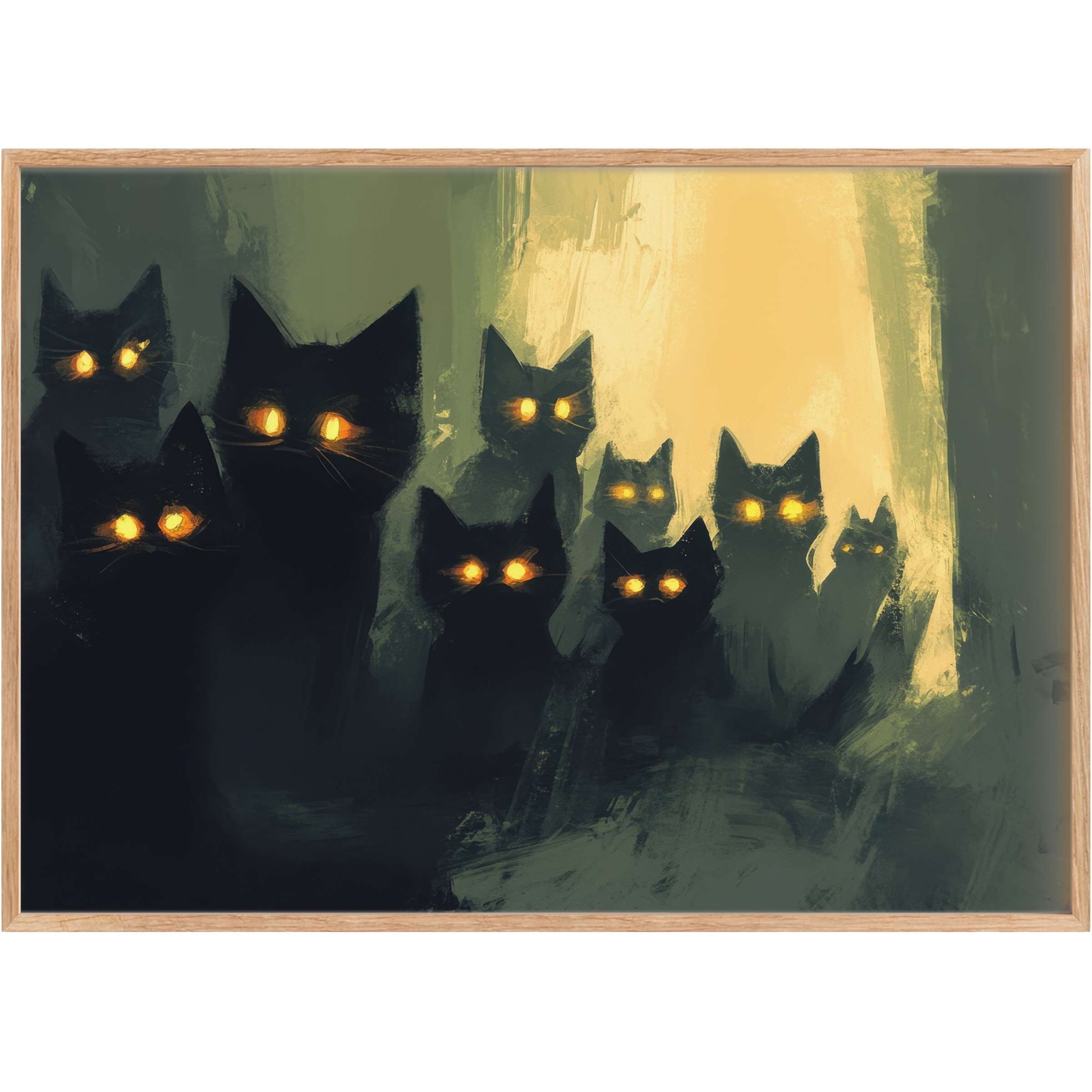Enigmatic black cats with glowing amber eyes create a mysterious, captivating aura in this elegant Halloween printable wall art, perfect for a moody, stylish interior