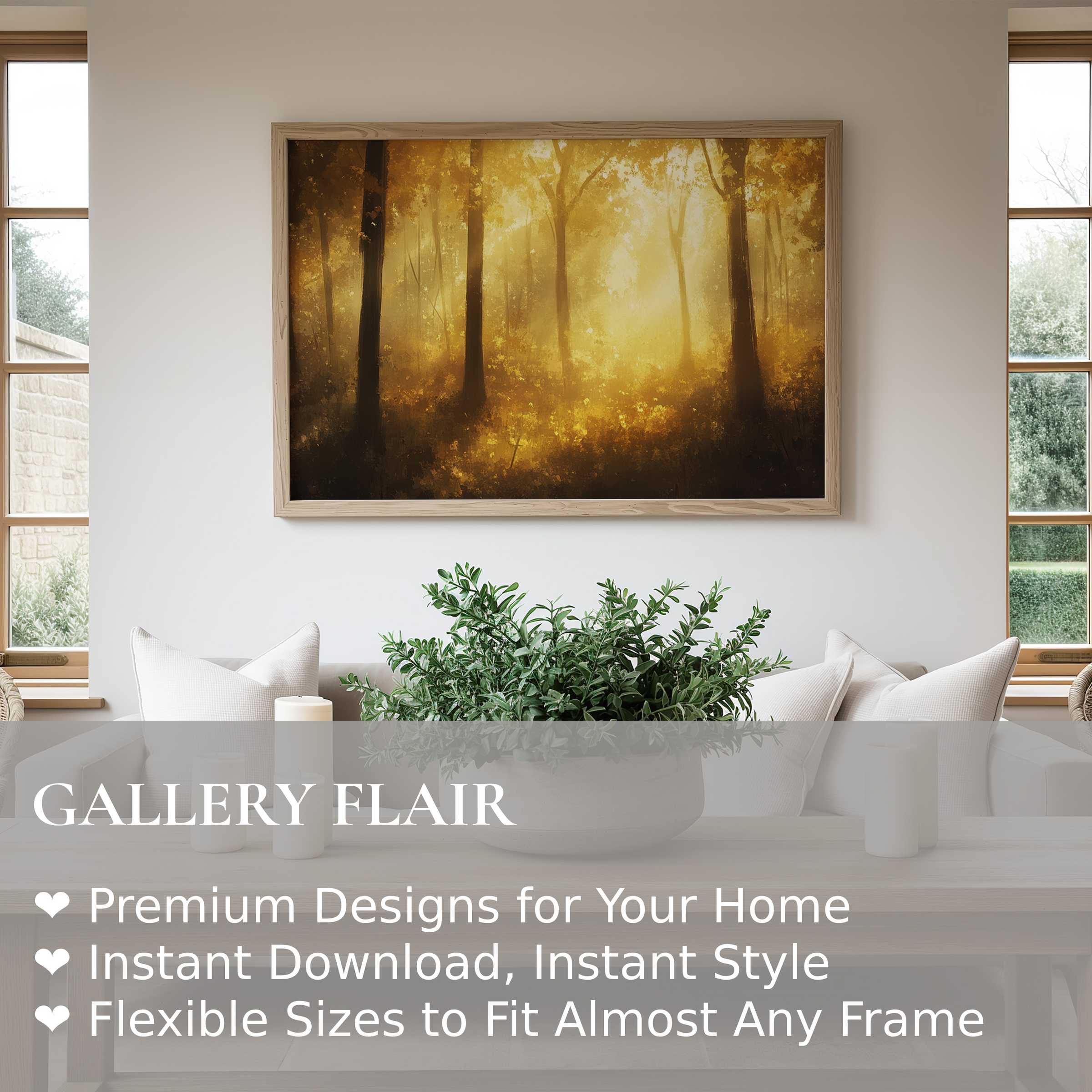 Radiant fall wall art print capturing golden forest light, enhancing modern minimalist interiors with warm, tranquil autumnal elegance