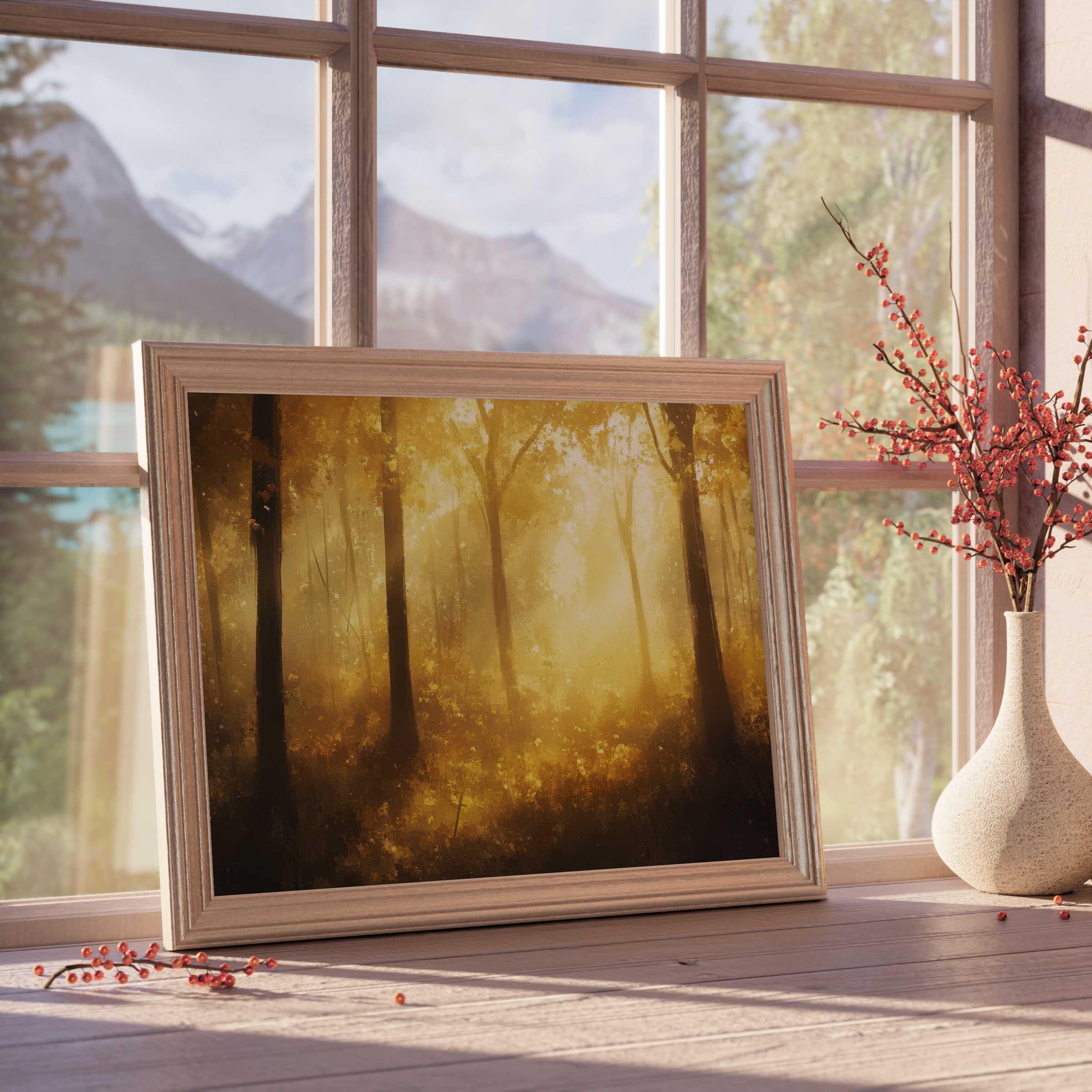 Fall downloadable art radiating warm golden light through serene forest silhouettes, perfect for curated, tranquil luxe interiors