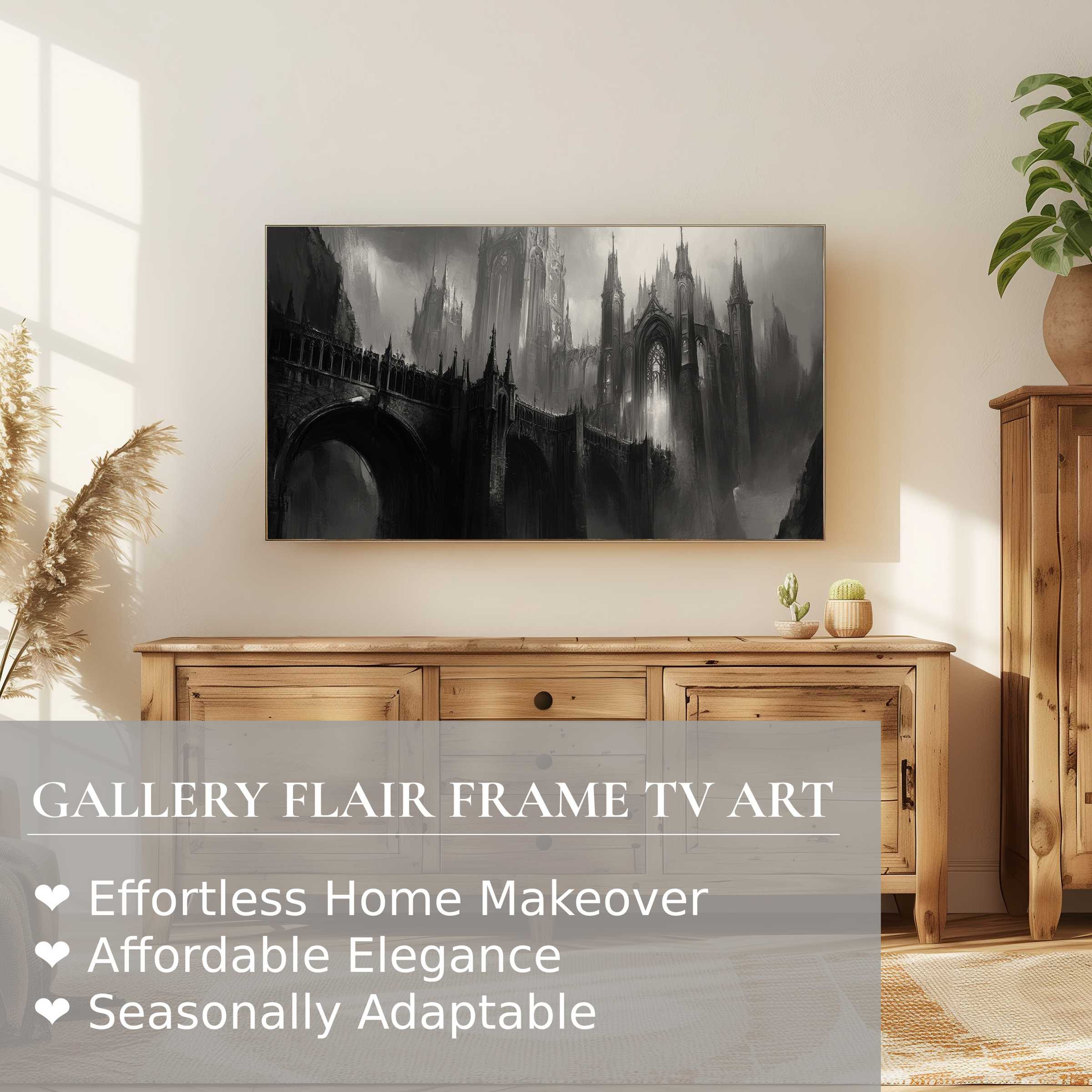 Samsung Frame TV displays intricate black and white digital artwork of a gothic cathedral, perfect for stylish modern homes