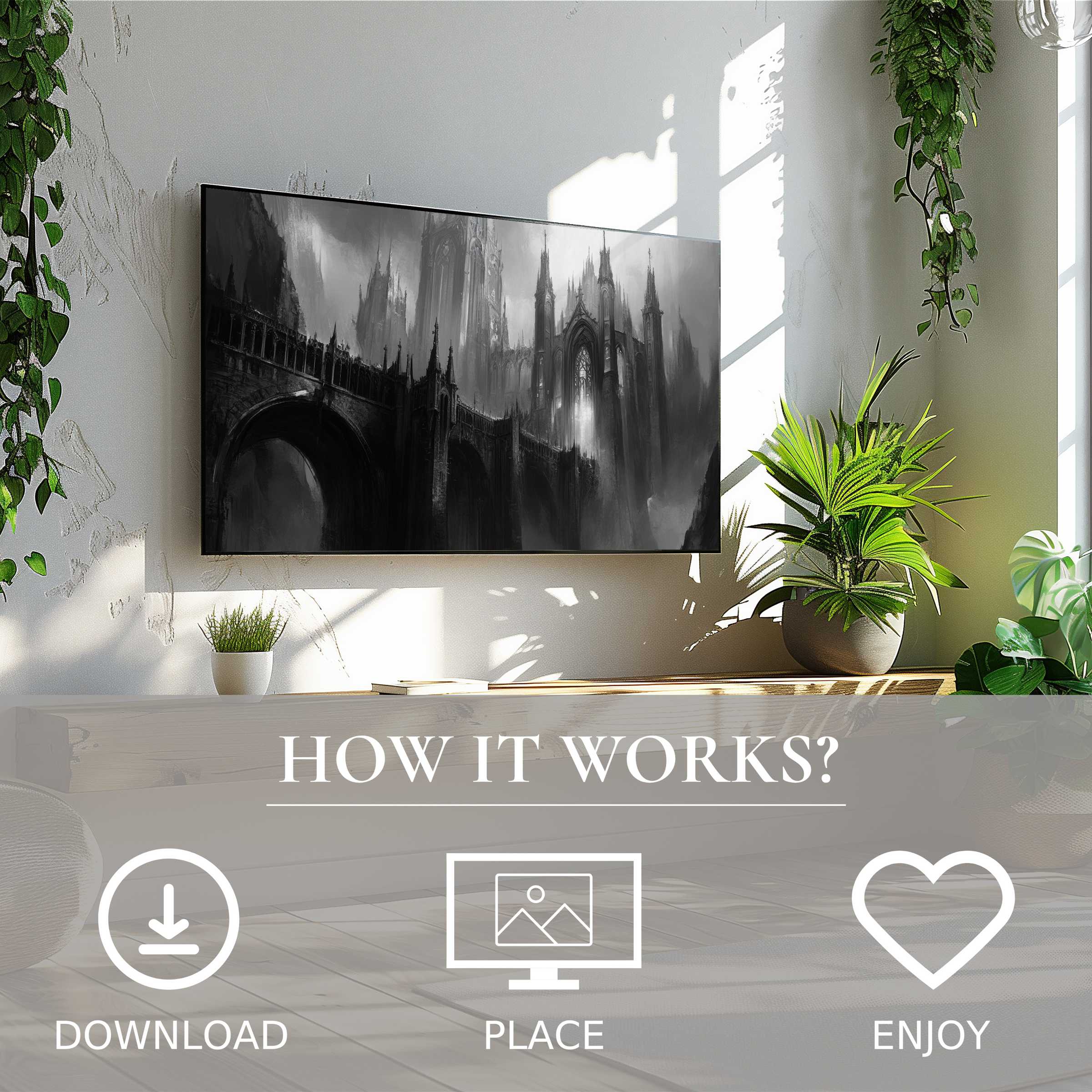 Black and white art for Samsung TV showing misty gothic arches, easy digital download enriches sleek living spaces