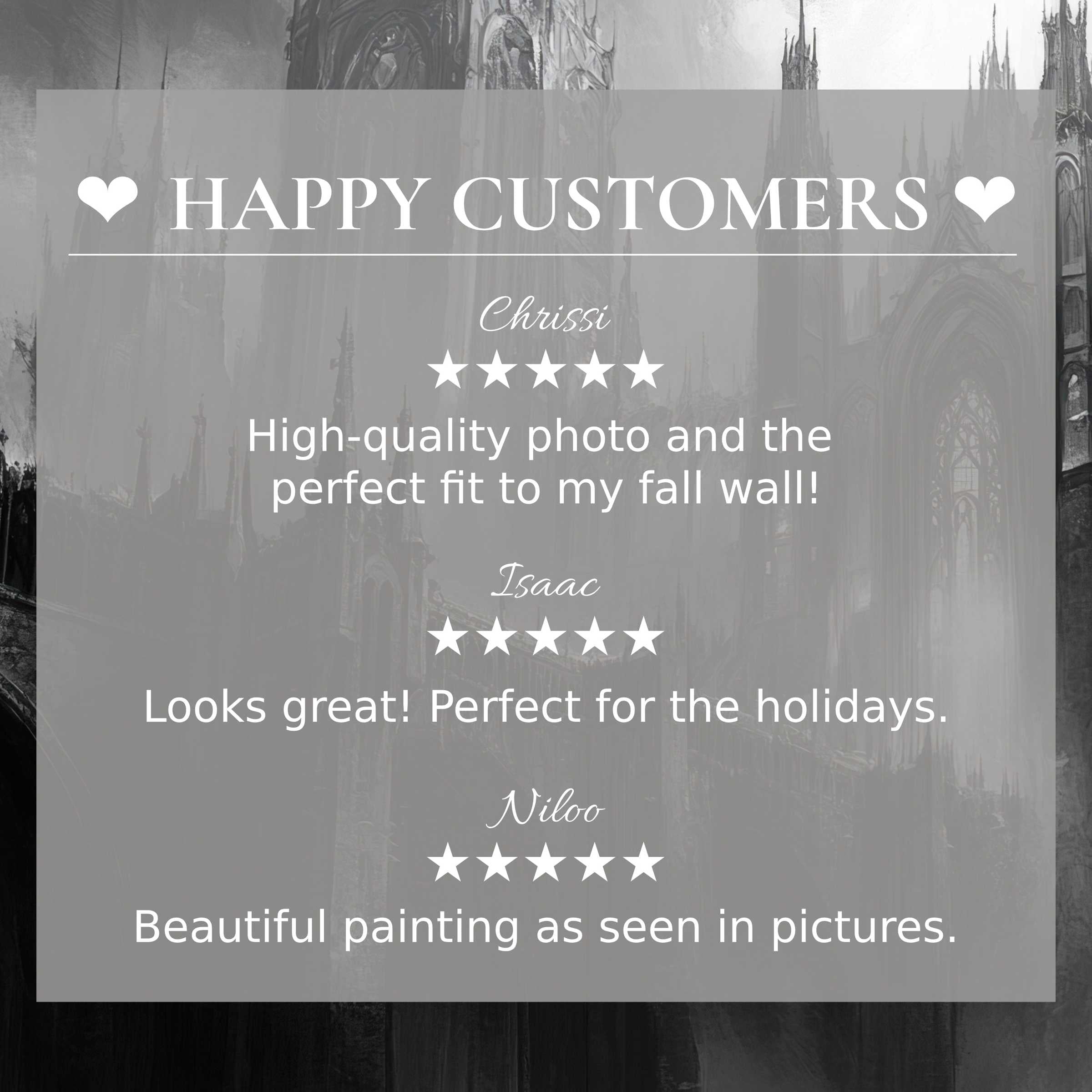 Elegant black and white art for Frame TV with gothic cathedral backdrop featuring happy customer reviews, inspiring trust
