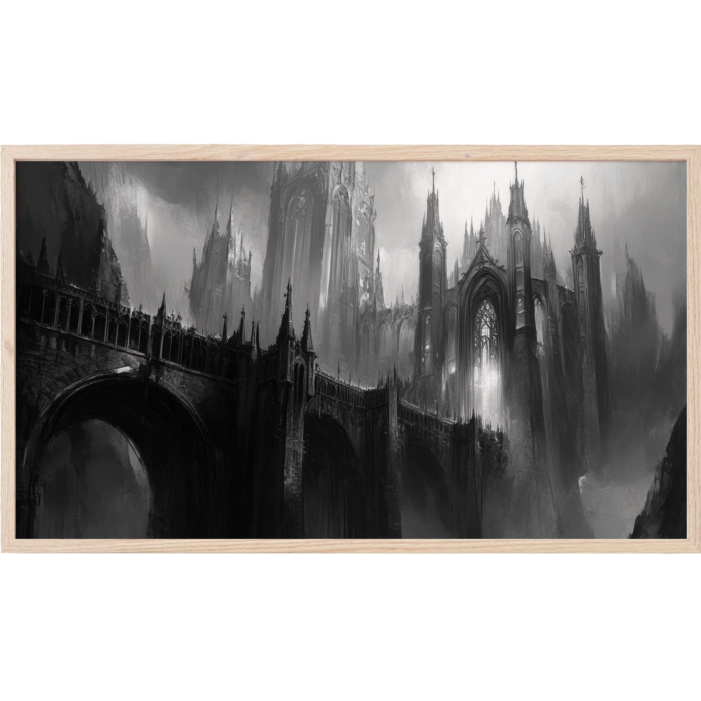 Dramatic gothic cathedral scene in grayscale with intricate details, boasting black and white Frame TV Art elegance