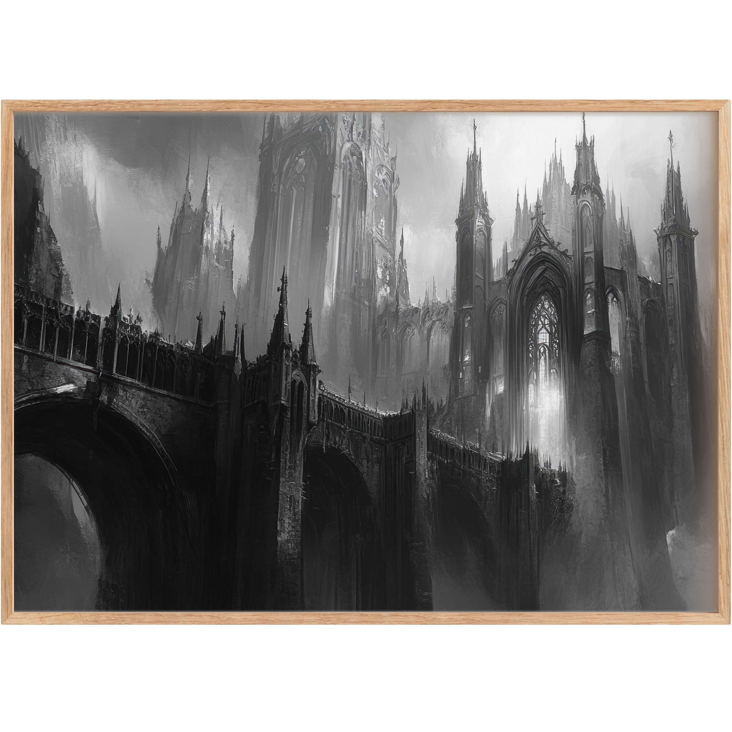 Dramatic black and white printable wall art capturing gothic arches and spires, evoking a bold, mysterious ambiance for refined interiors