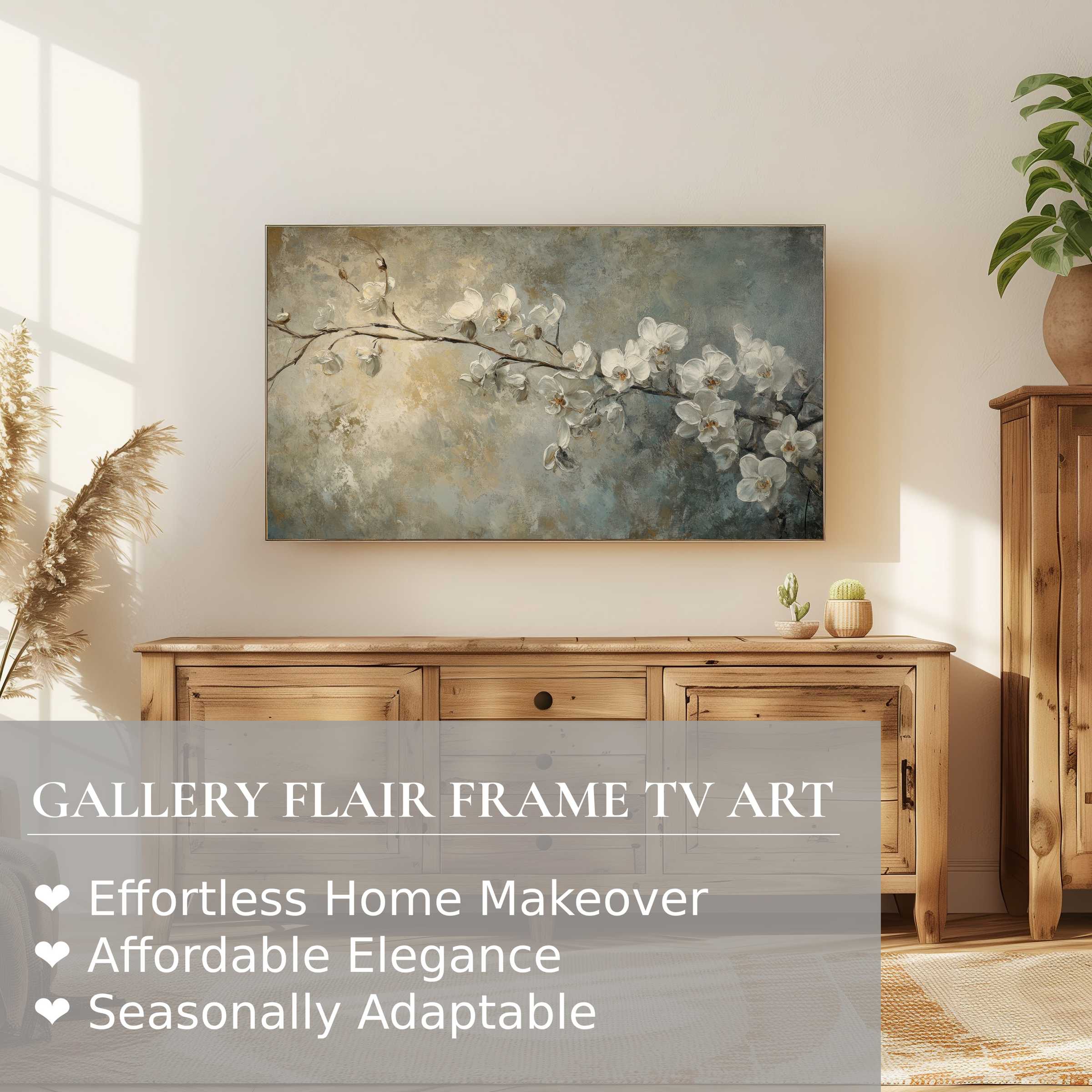 Modern living room with Samsung Frame TV showcasing elegant botanical digital artwork of white blossoms on muted tones