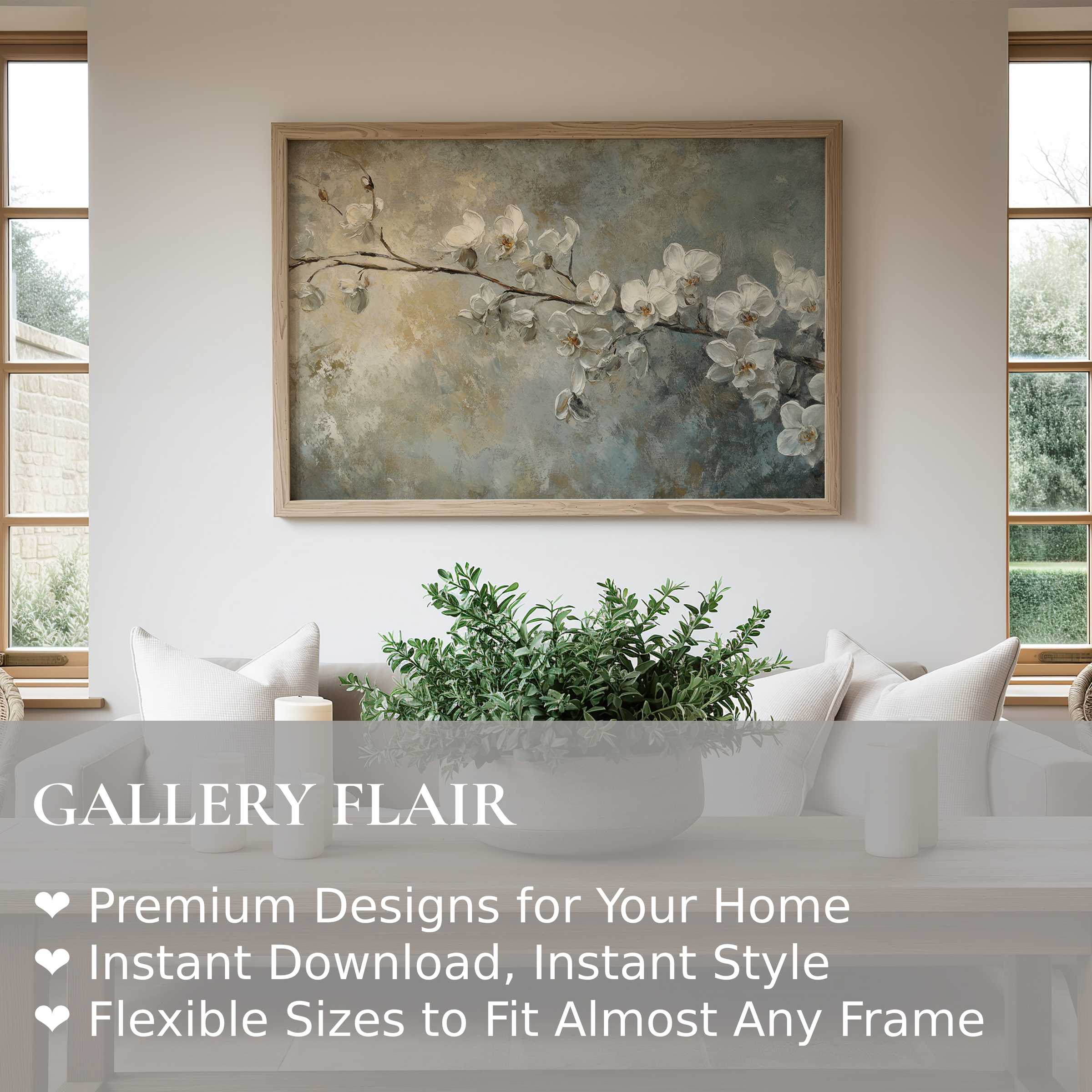 Botanical wall art print of delicate white orchid branch with soft earthy tones, enhancing serene modern minimalist living spaces