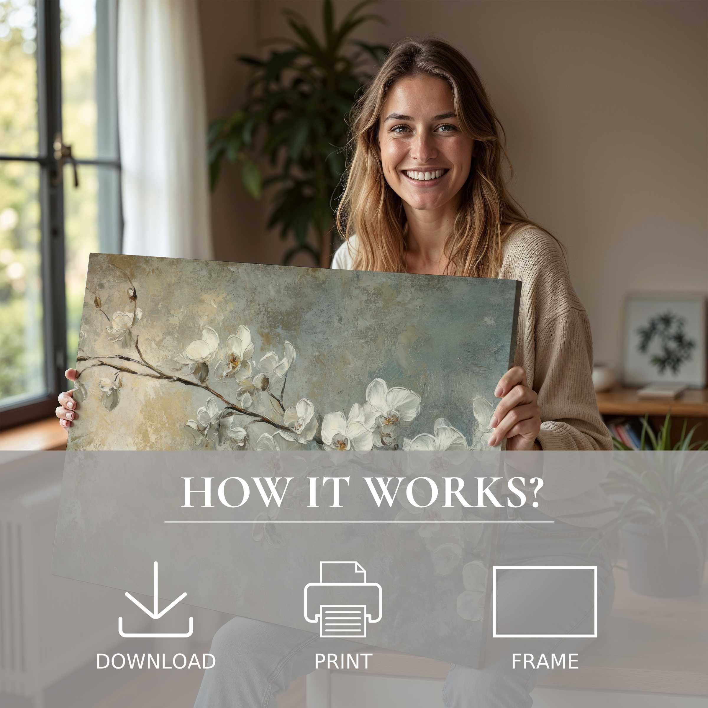 Elegant botanical digital art print embraced in a serene modern home, inspiring joy and effortless style in living with art