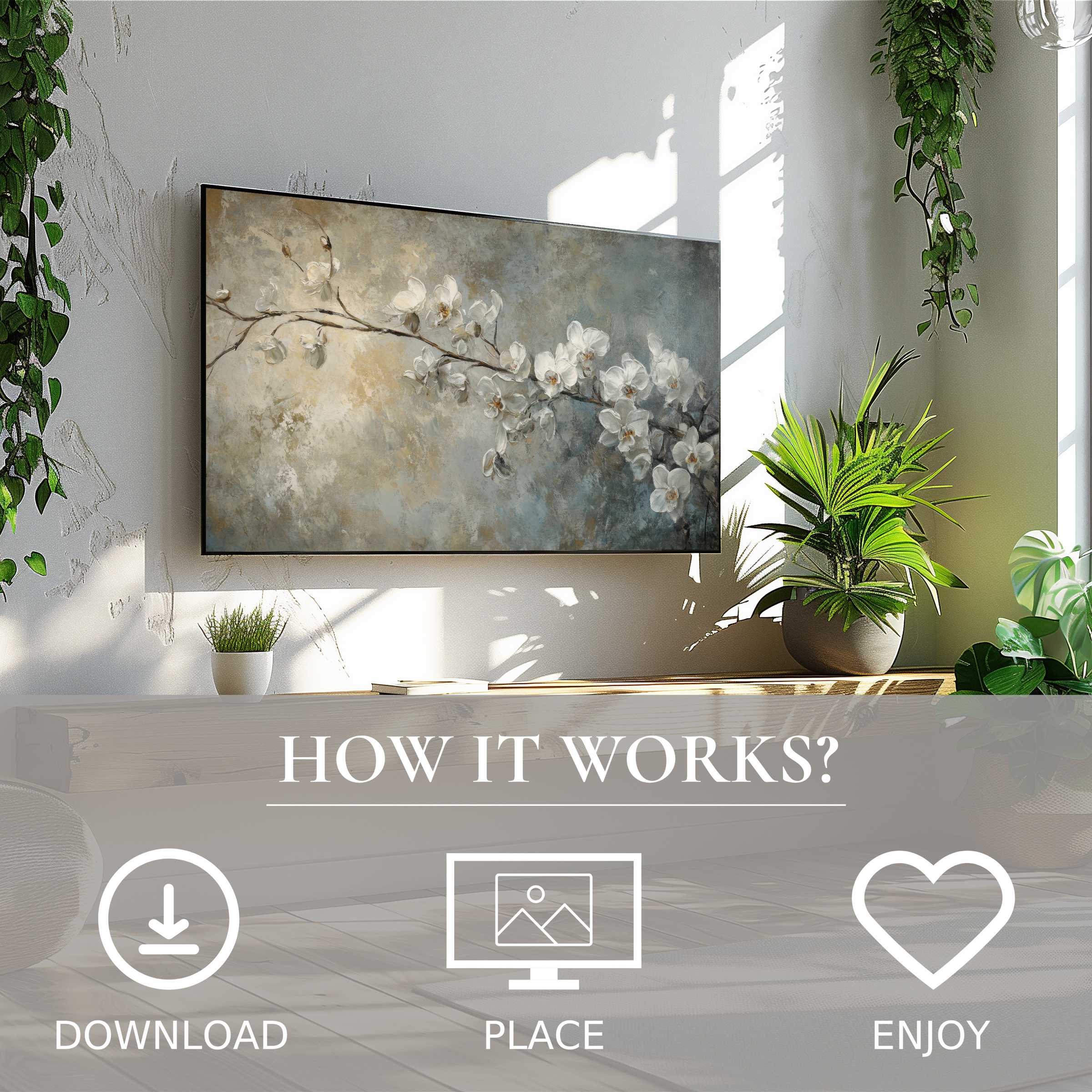 Botanical art for Samsung TV shows soft neutral tones with delicate blossoms, easy digital download enriches decor