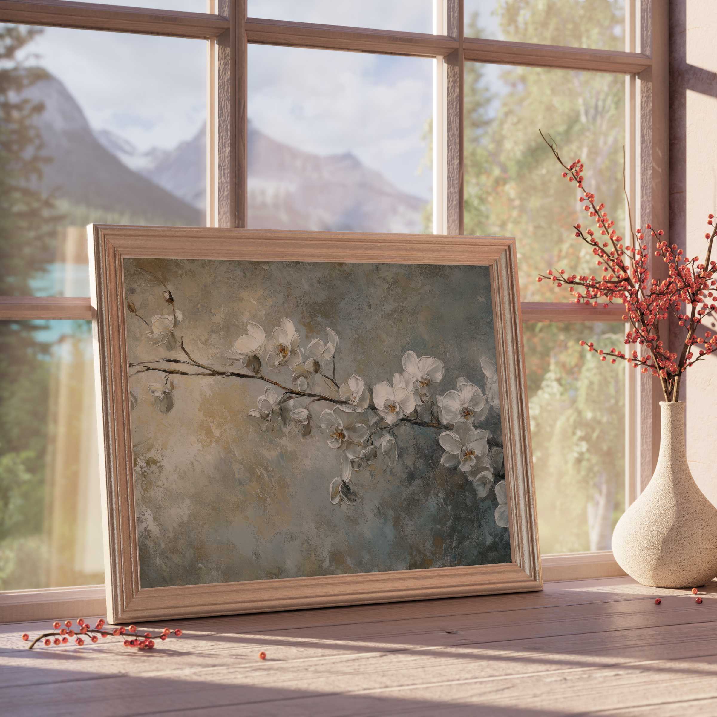 Botanical downloadable art featuring delicate white orchids on textured muted backdrop, elevating serene, curated interiors with timeless elegance