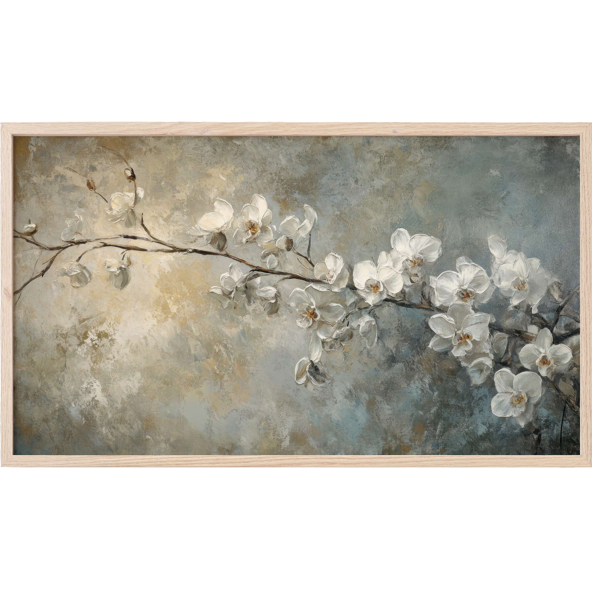 Elegant white orchids on textured taupe and slate background, framed in light wood, botanical Frame TV Art