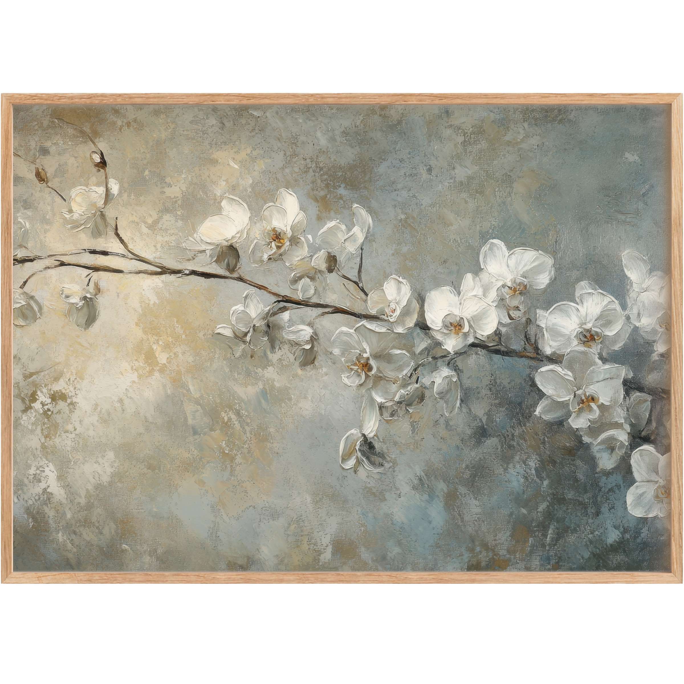 Botanical printable wall art featuring delicate white orchids on textured blue and beige, evoking serene elegance and timeless beauty