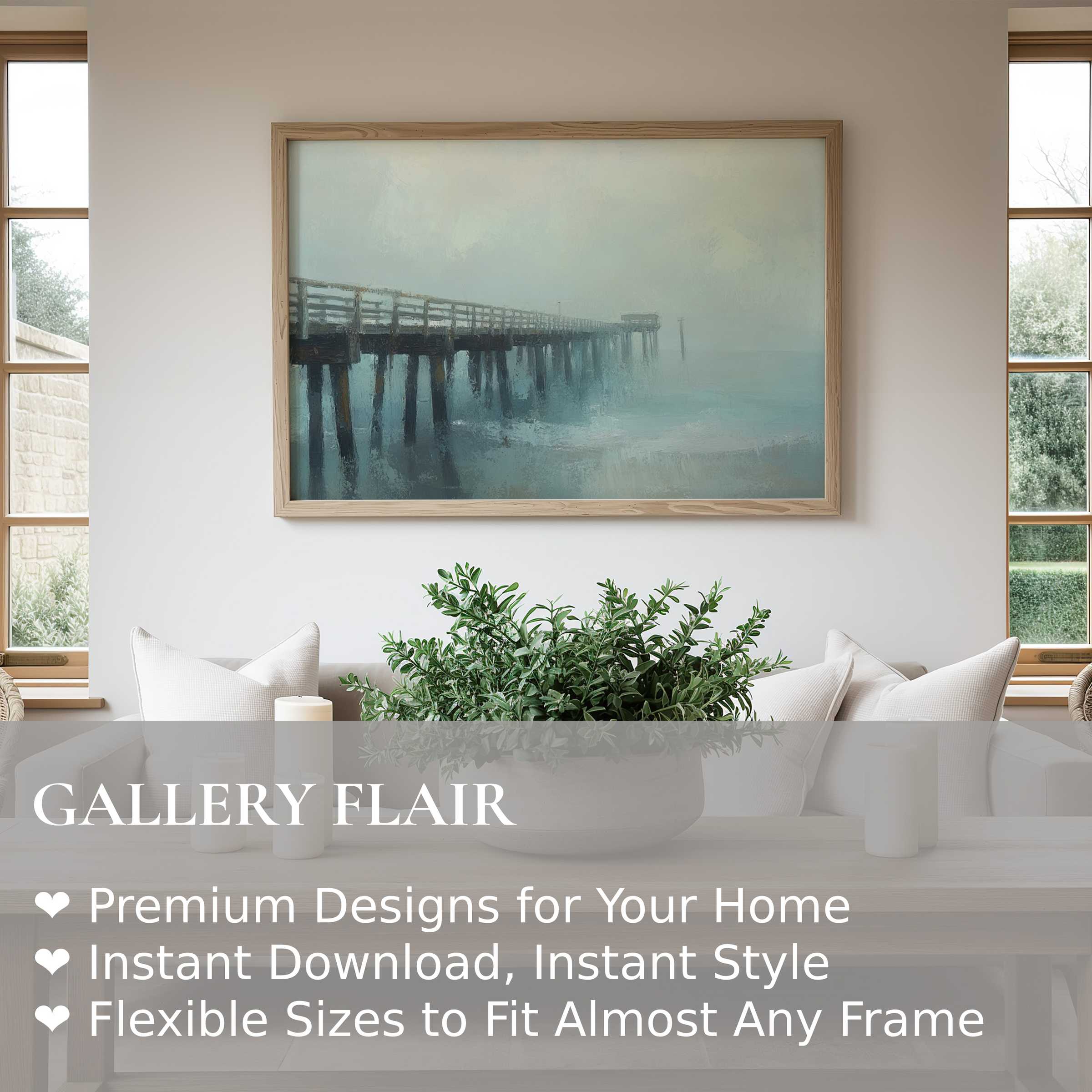 Serene beach wall art print featuring a misty pier in soft blues and greys, enhancing modern coastal interiors with calming elegance
