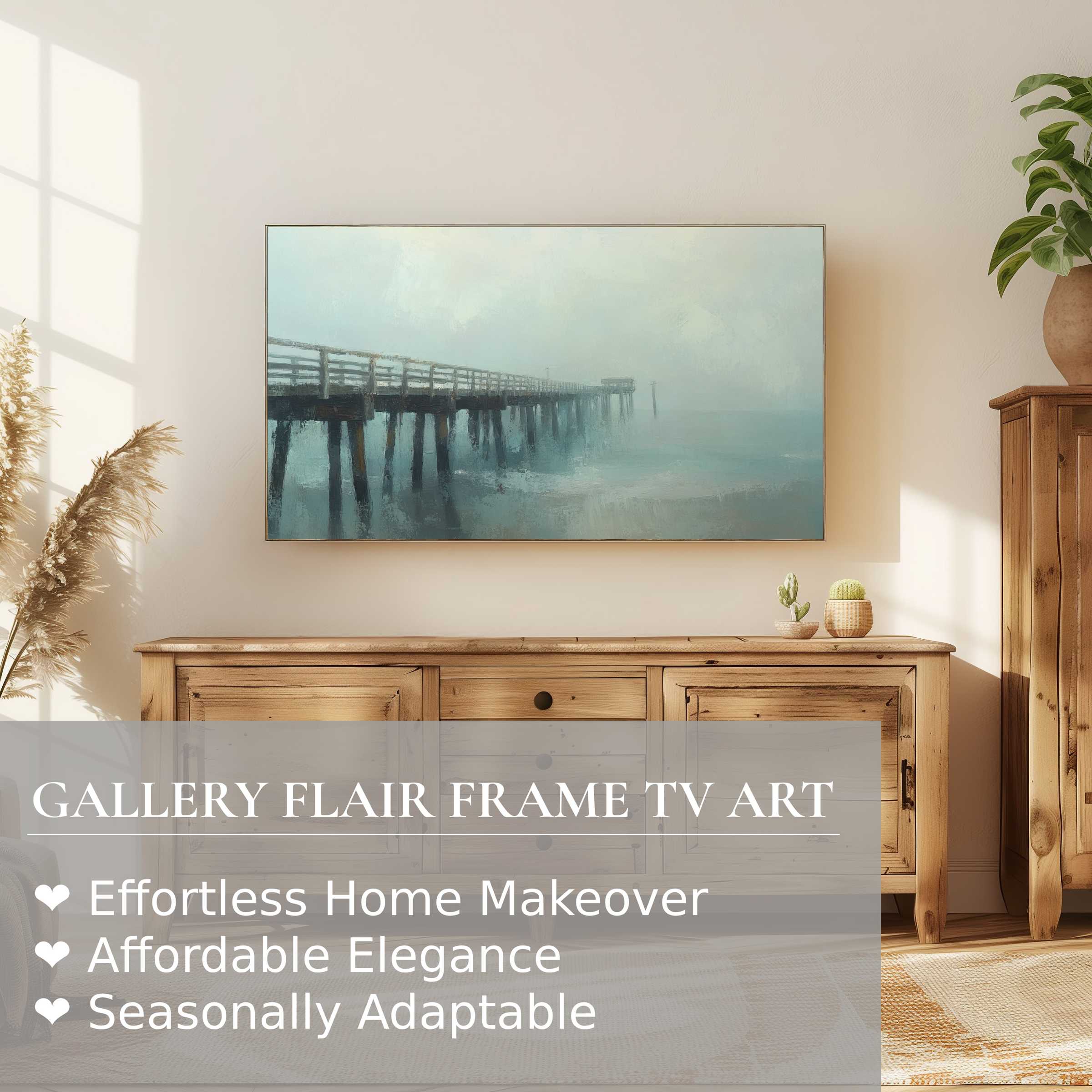 Samsung Frame TV displays serene beach digital artwork with misty pier, perfect for elegant modern home decor