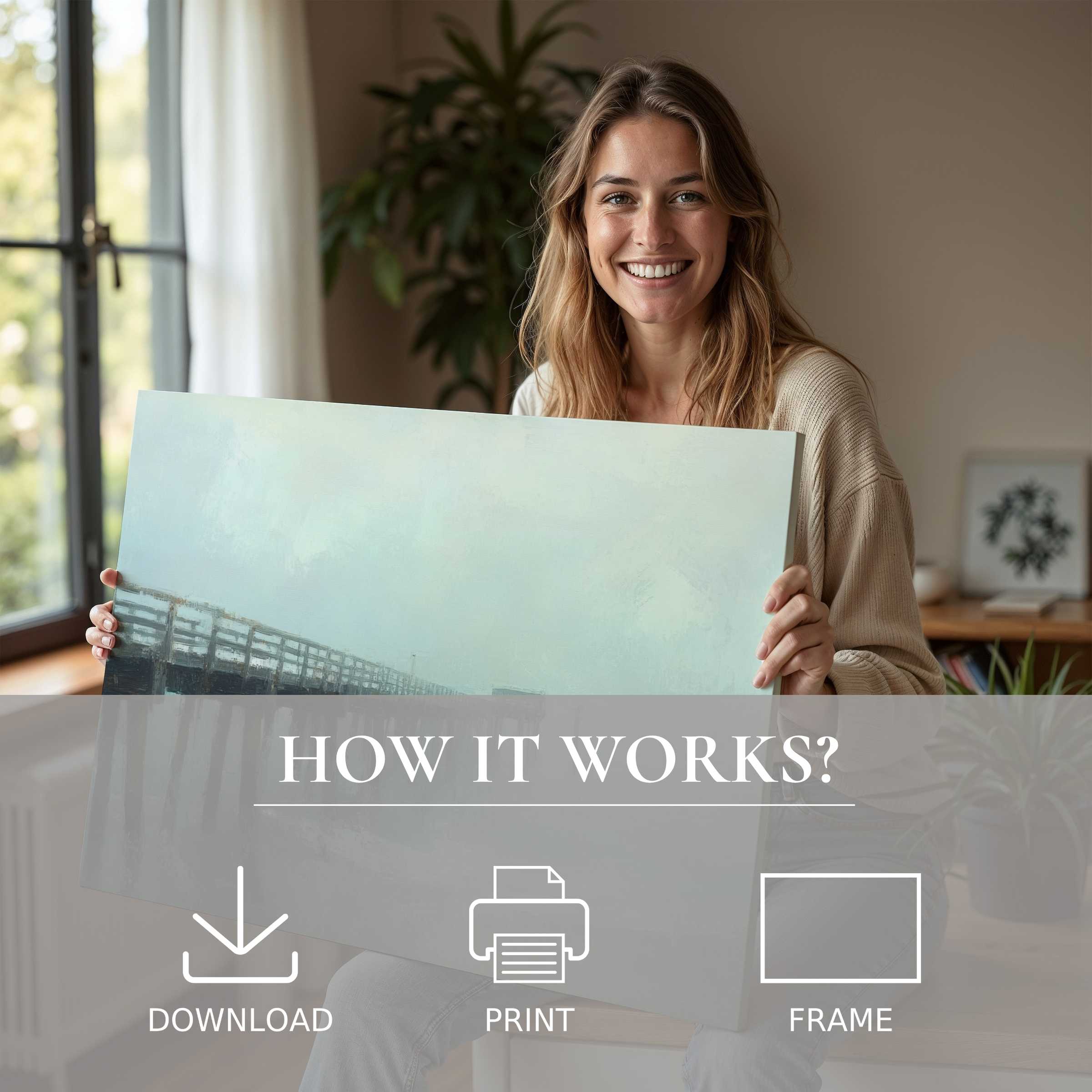 Radiant joy meets tranquil elegance in this beach digital art print, inspiring effortless style in modern living spaces