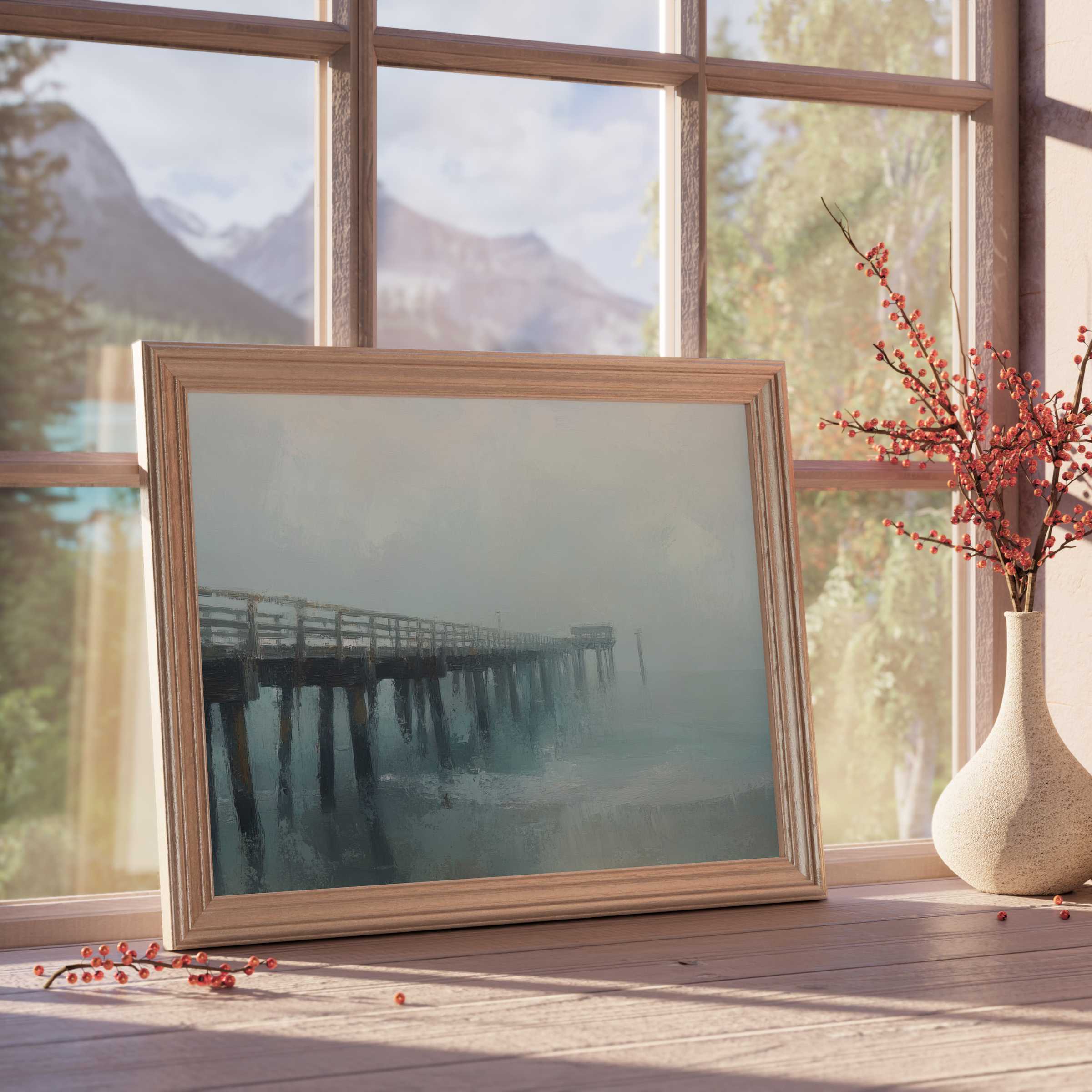 Serene beach downloadable art featuring a misty pier framed in warm wood, perfect for curated, tranquil modern interiors