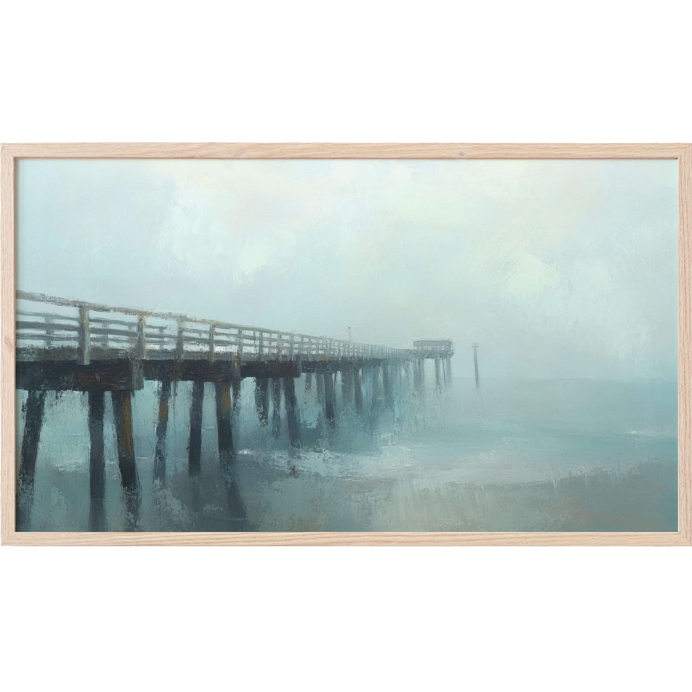 Misty pier extending over tranquil waters in muted blues and grays, perfect beach Frame TV Art for serene spaces