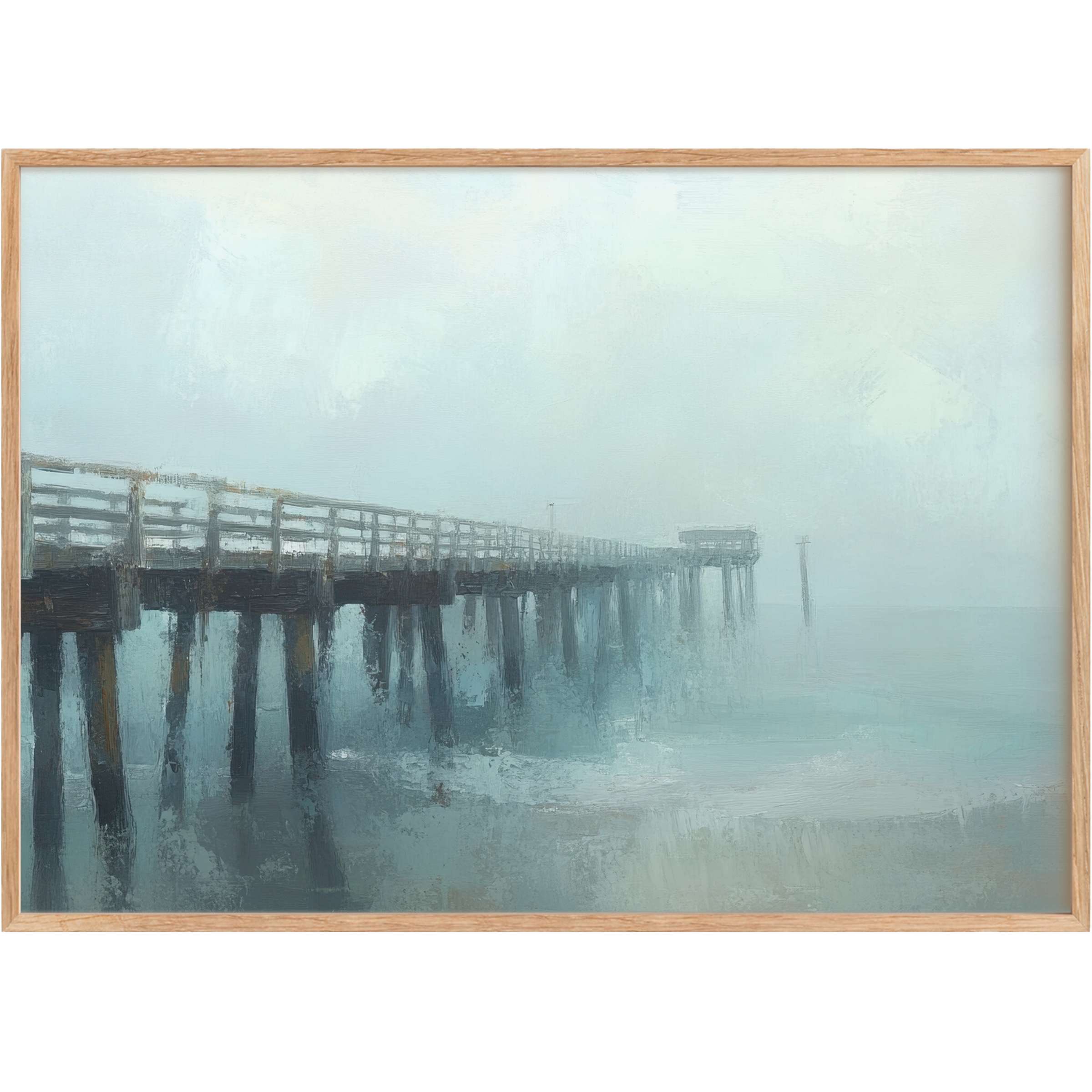 Serene beach printable wall art capturing a misty pier in soft blues and grays, evoking tranquil coastal elegance
