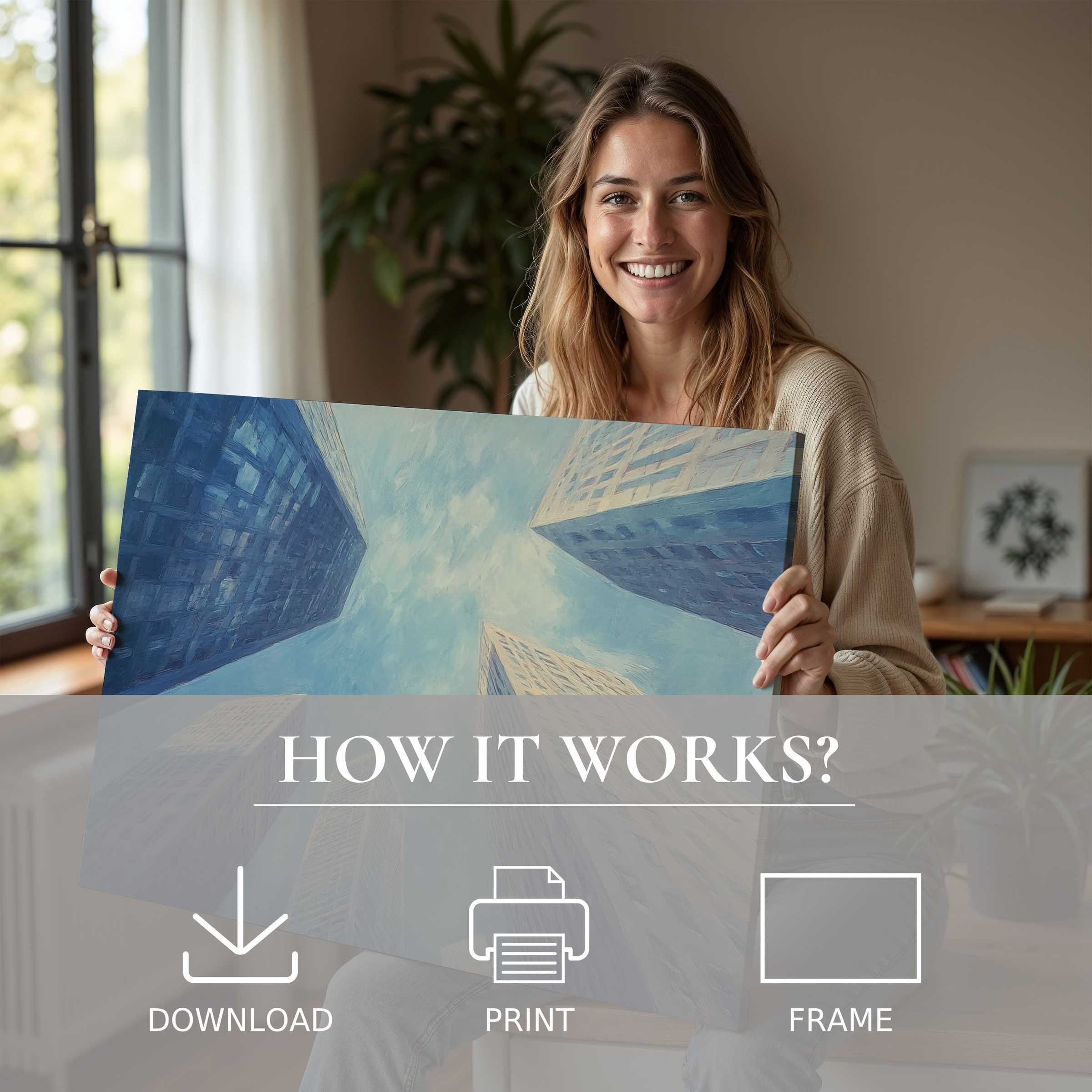 A serene moment of joy embracing an urban digital art print, transforming a modern home with effortless elegance and connection