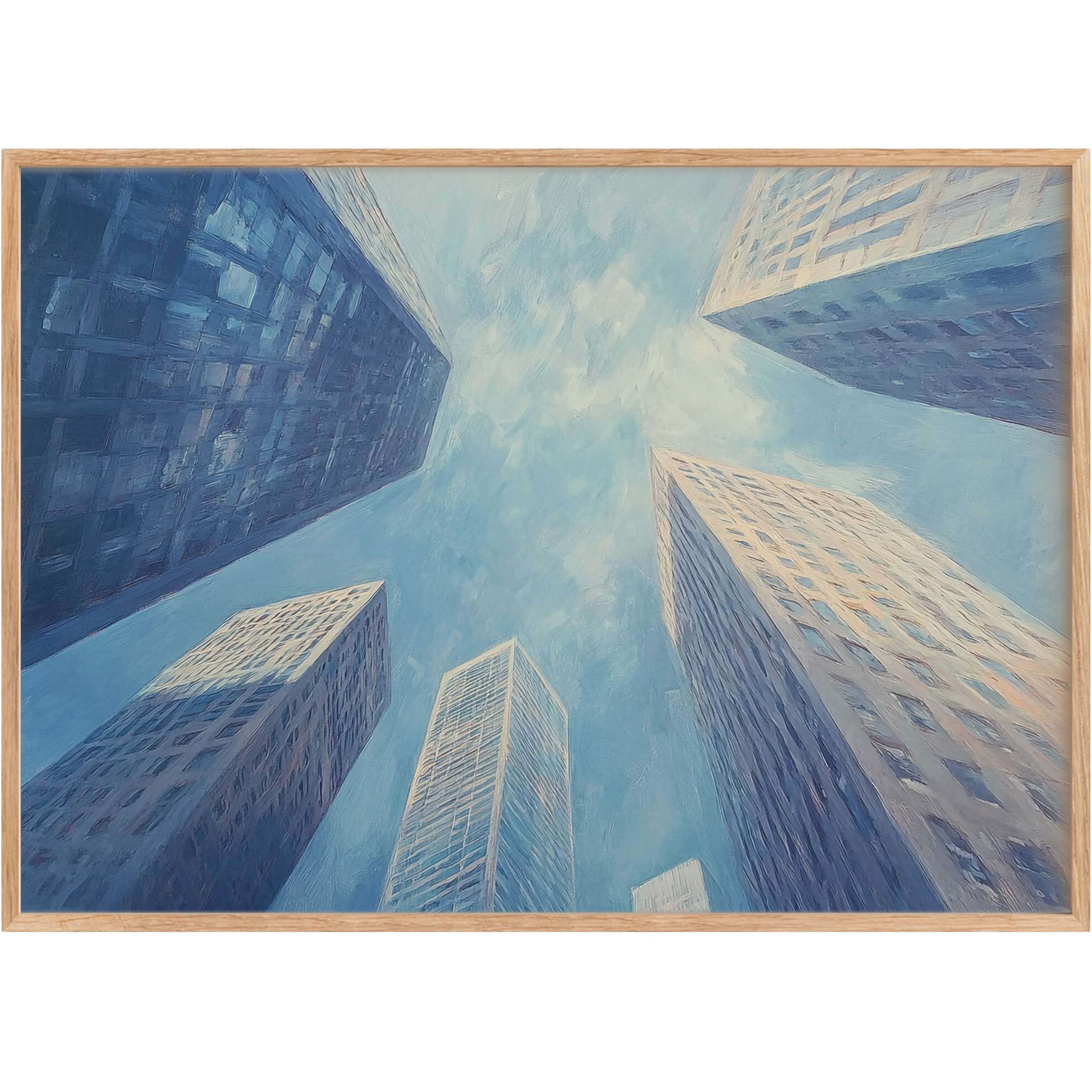 Urban printable wall art capturing towering skyscrapers in serene blues and soft neutrals, evoking a calm, expansive cityscape