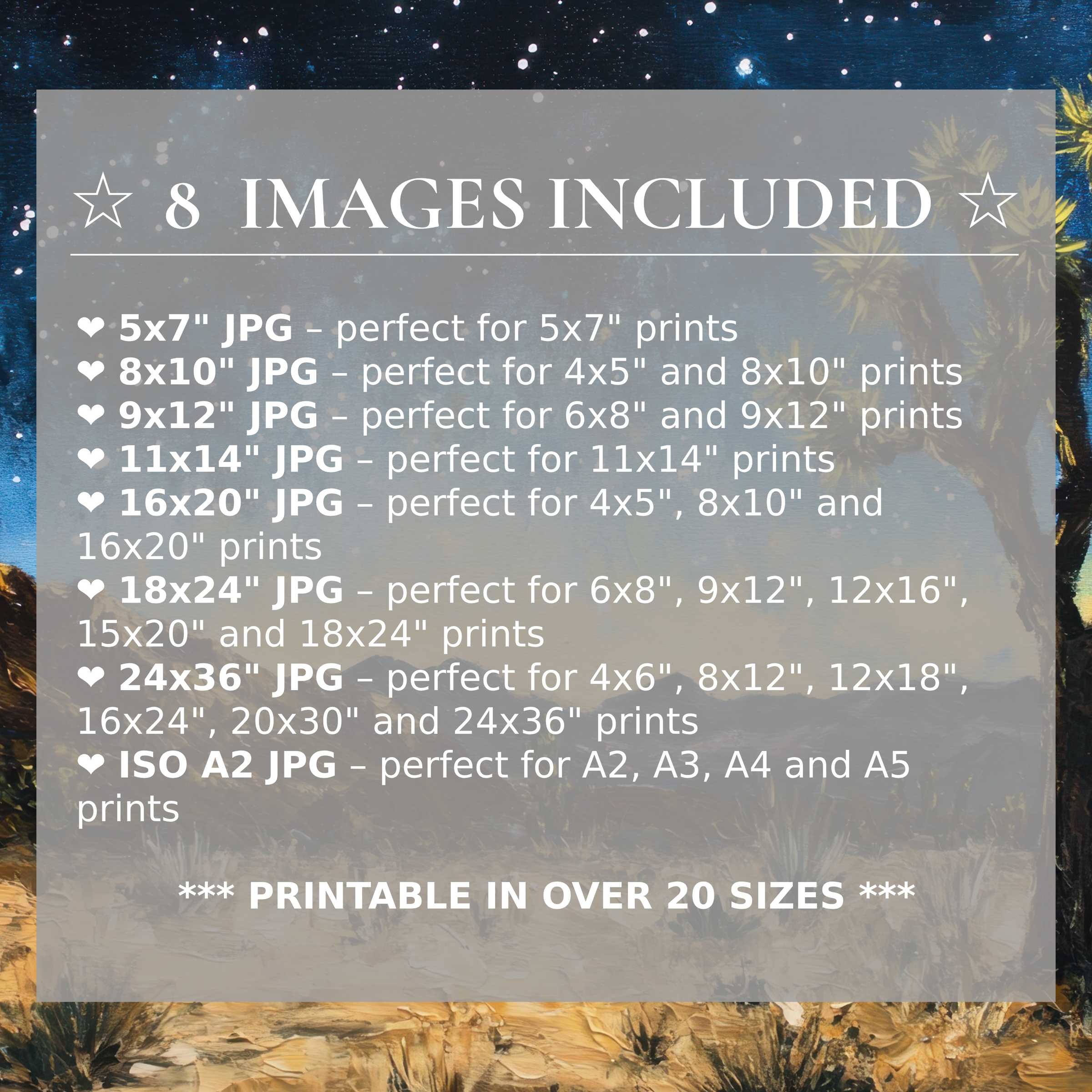 Print size guide showing 8 included JPG formats for versatile wall art printing – perfect for framing in popular sizes from 5x7 to 24x36 and A2