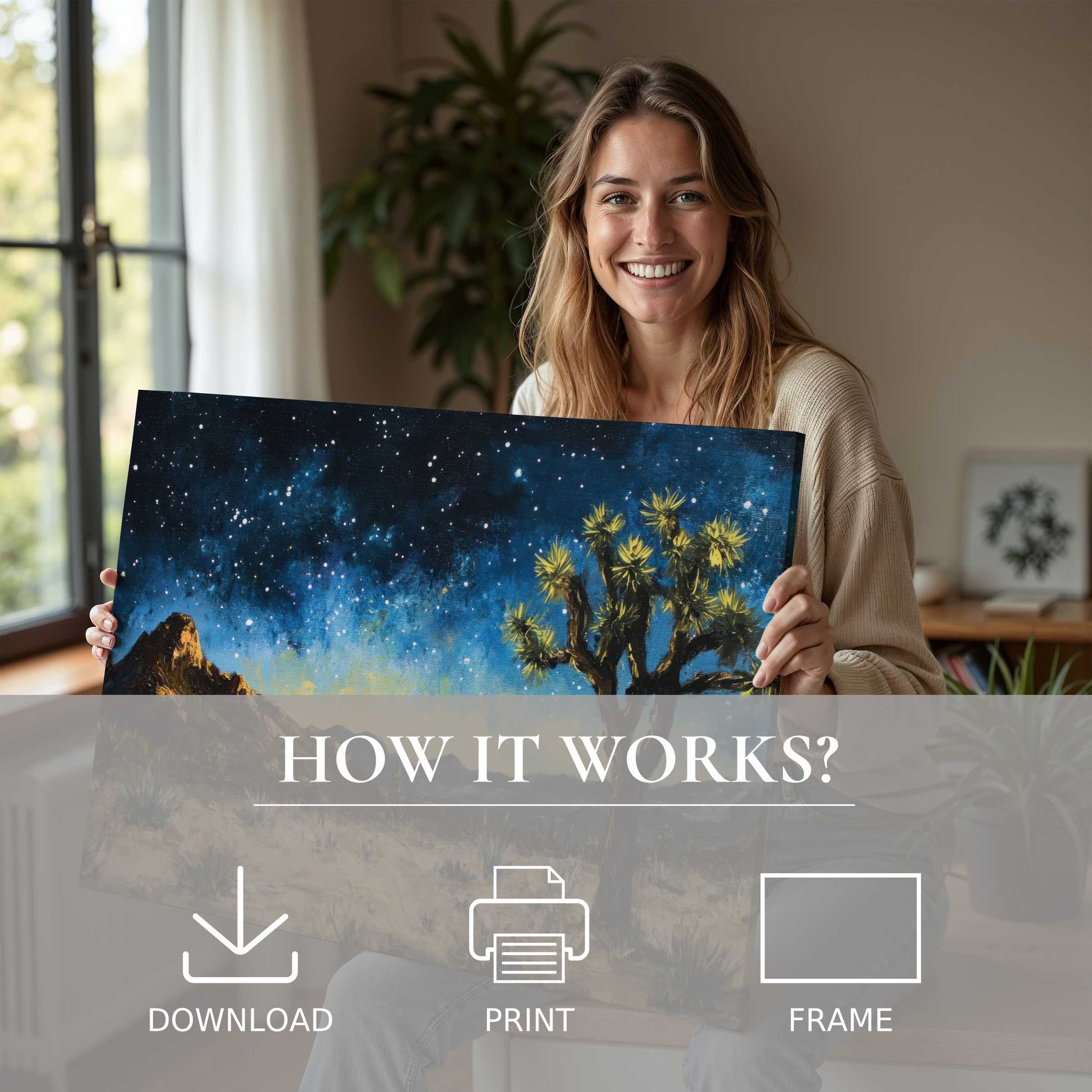 Joyful moment embracing a tree digital art print’s serene nightscape, bringing effortless warmth and modern elegance home