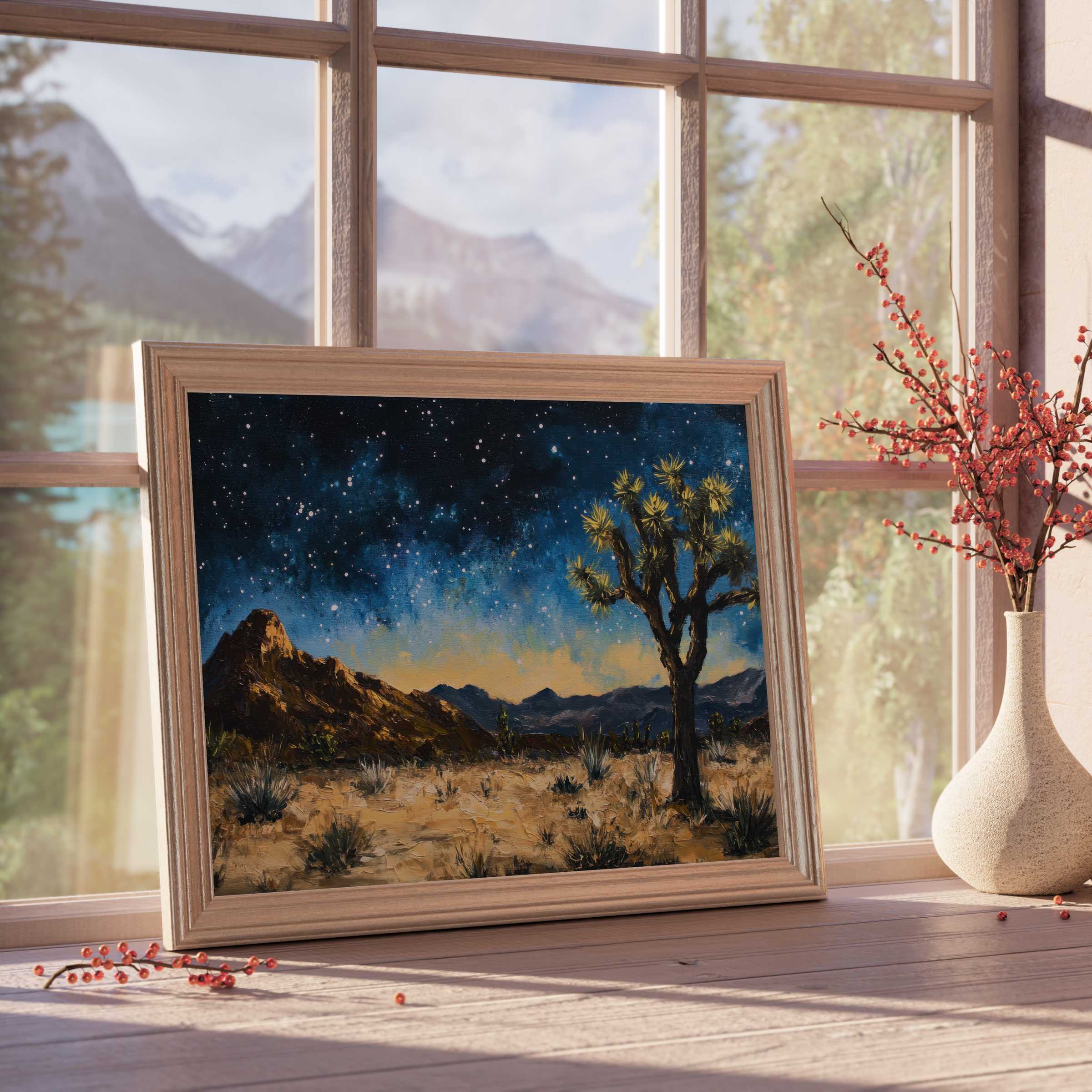 Elegant tree downloadable art capturing a tranquil desert night sky, perfect for curated, modern home sanctuaries