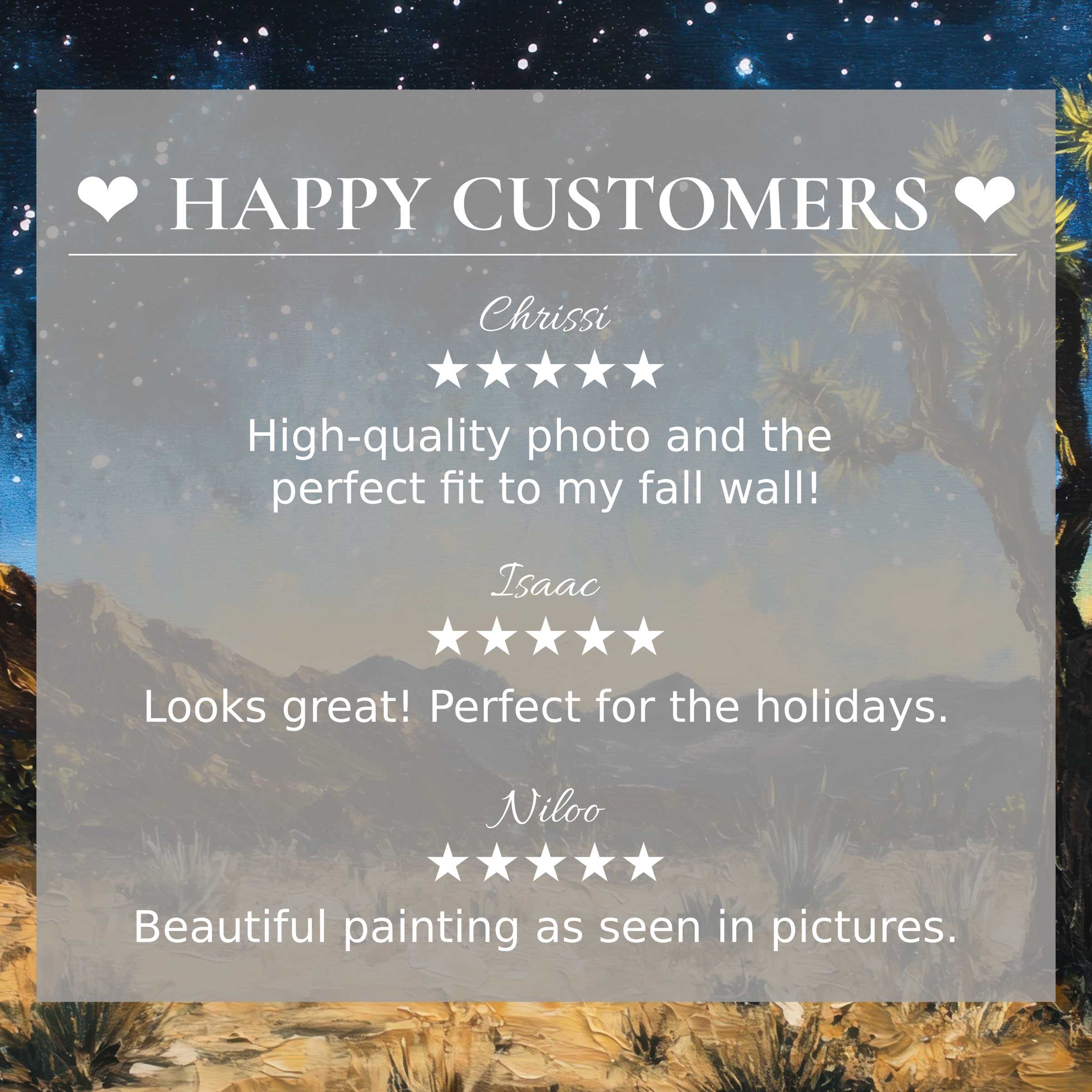 Trees art for Frame TV with abstract sunset hues, highlighting happy customer reviews and elegant, trustworthy design