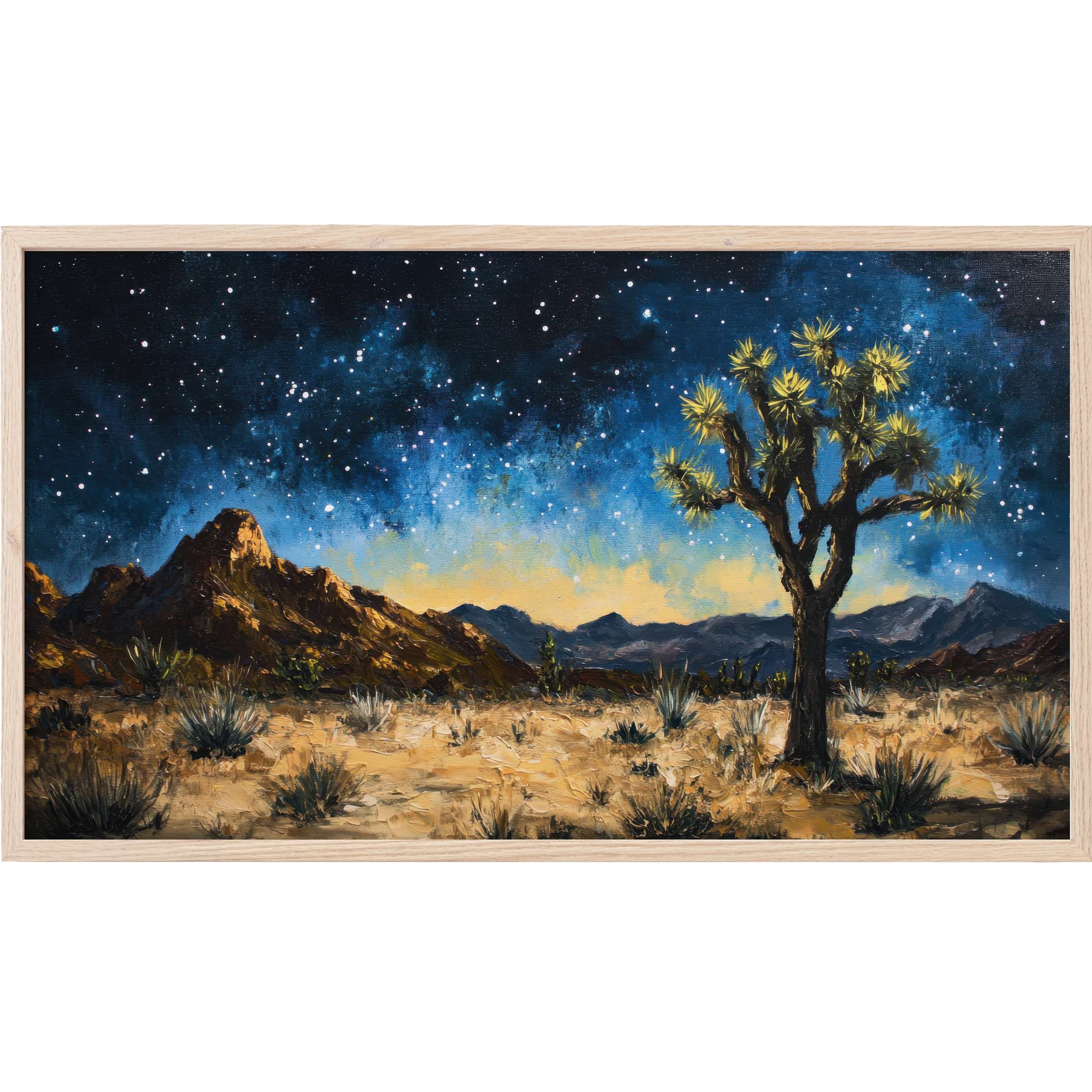 Vibrant desert night with starry sky, textured mountains, and a glowing Joshua tree; tree Frame TV Art in deep blues and golds