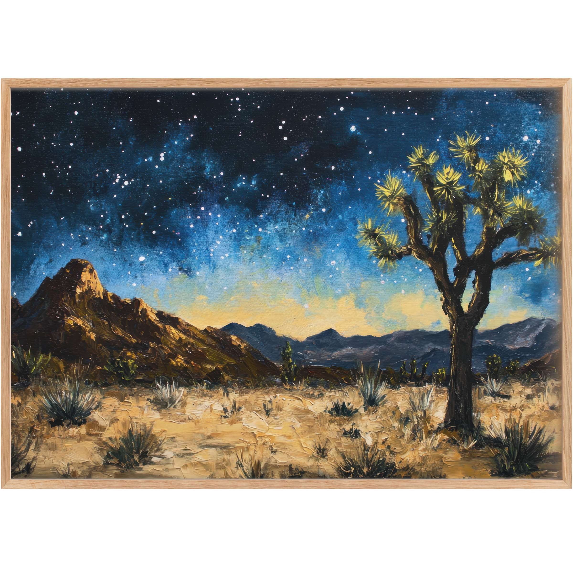 Desert-inspired tree printable wall art blending twilight blues and warm earth tones, evoking serene, star-lit tranquility